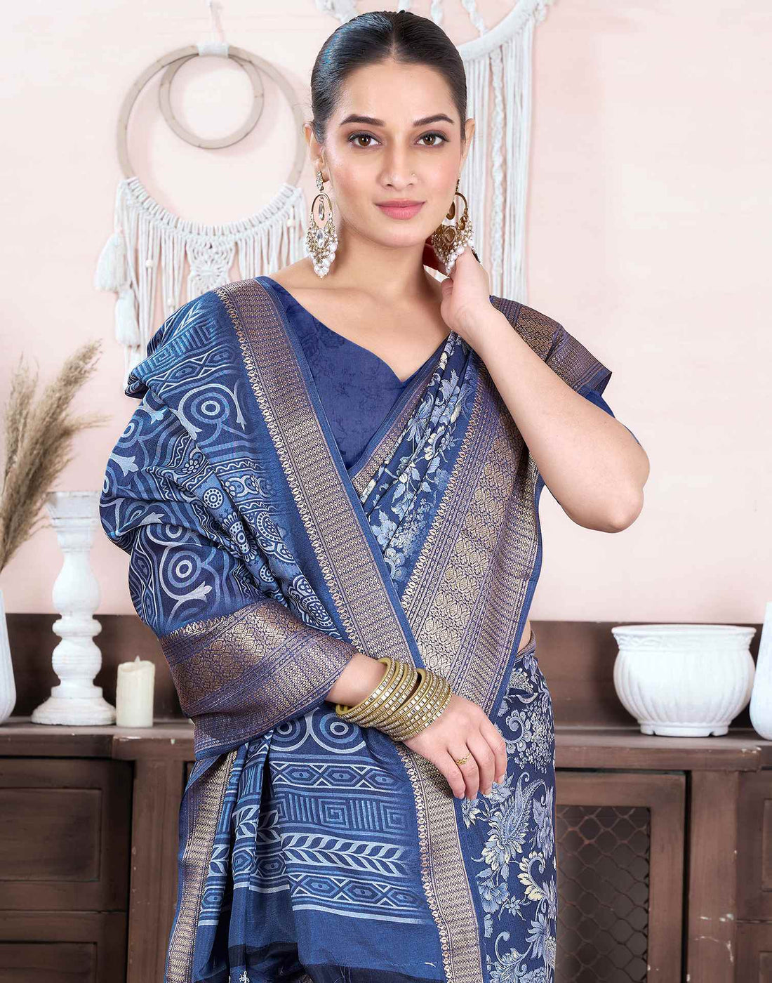 Steel Blue Dola Silk Floral Printed Saree