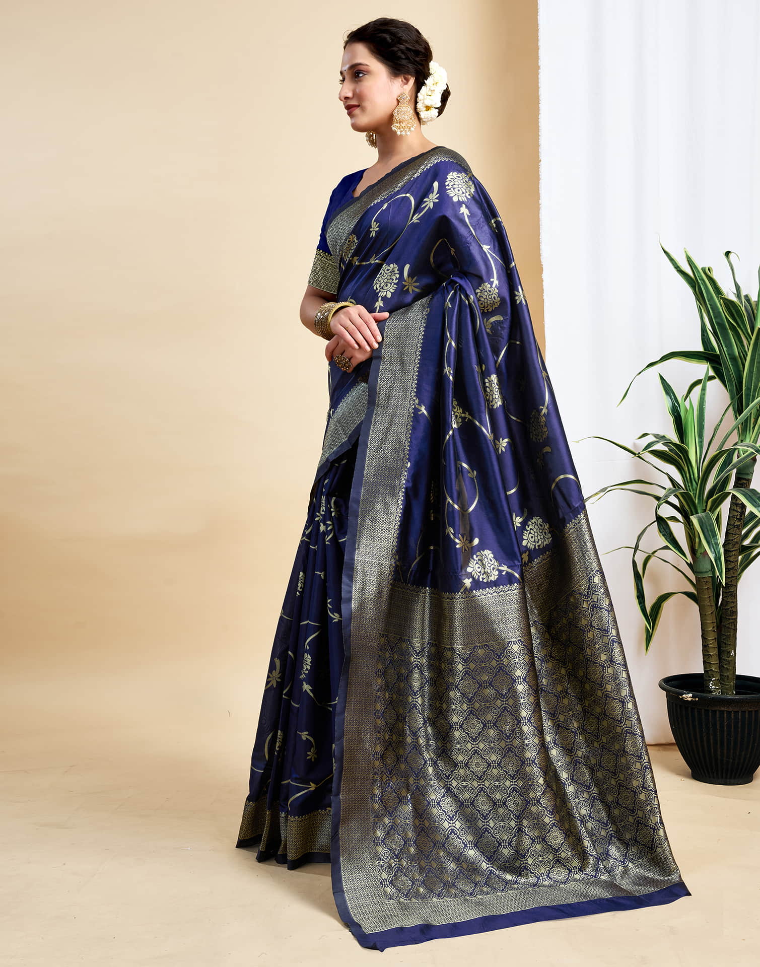 Navy Blue Silk Woven Banarasi Saree