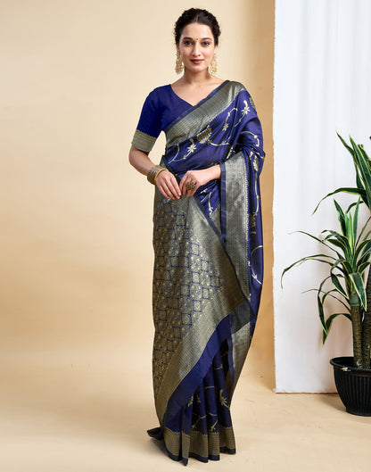 Navy Blue Silk Woven Banarasi Saree