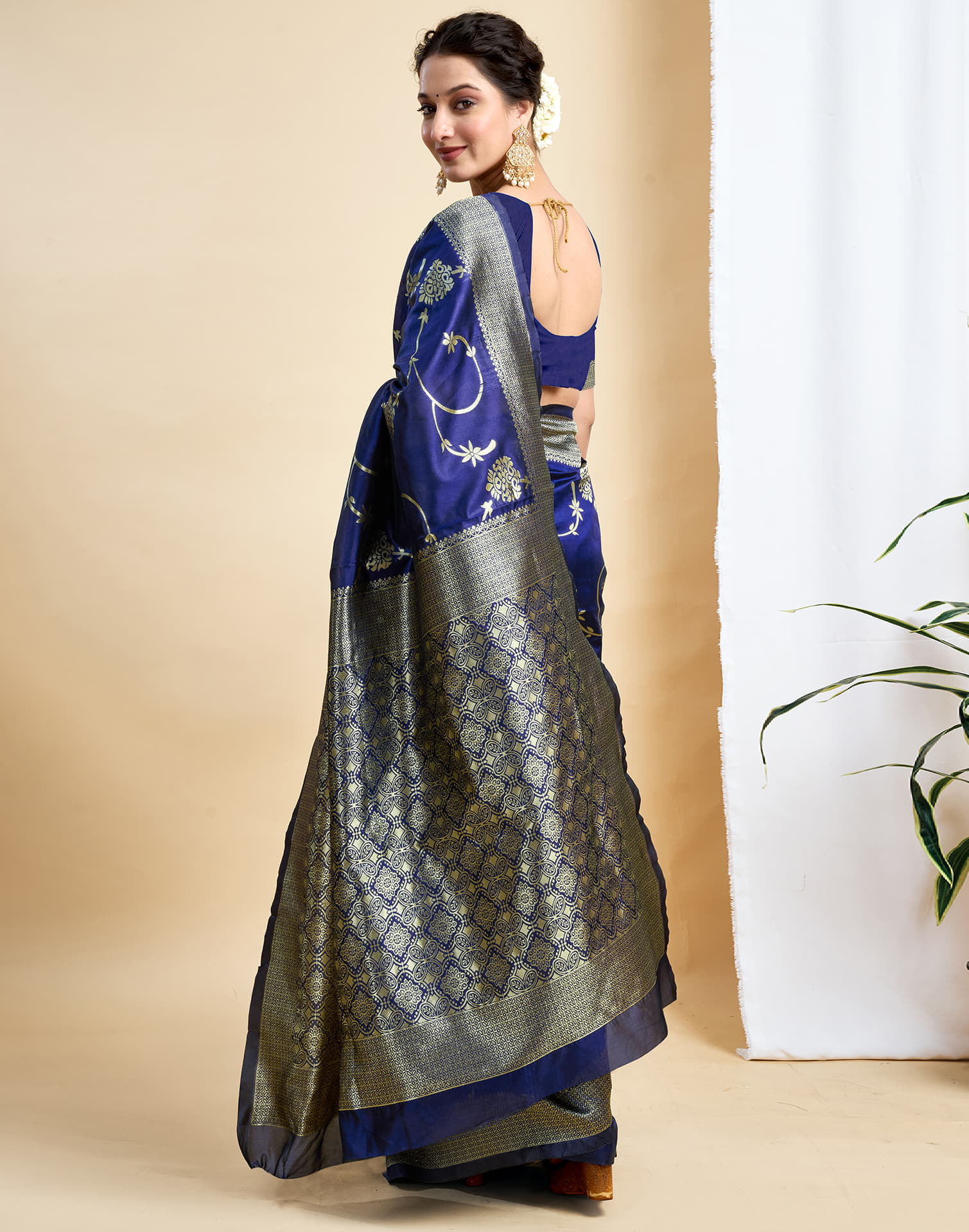 Navy Blue Silk Woven Banarasi Saree