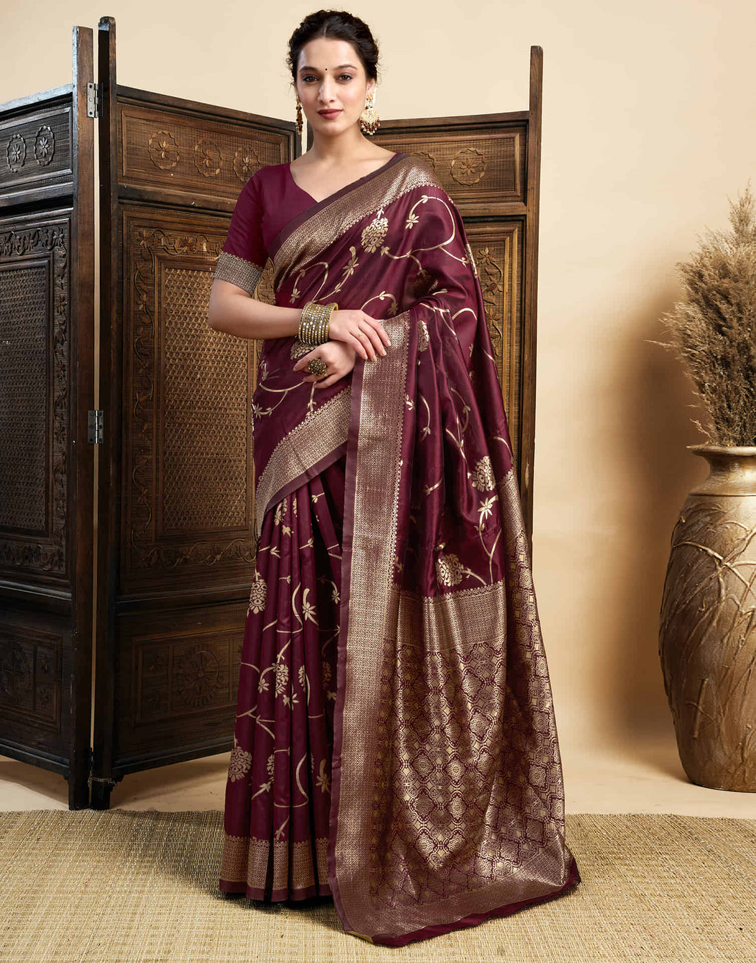 Maroon Silk Woven Banarasi Saree