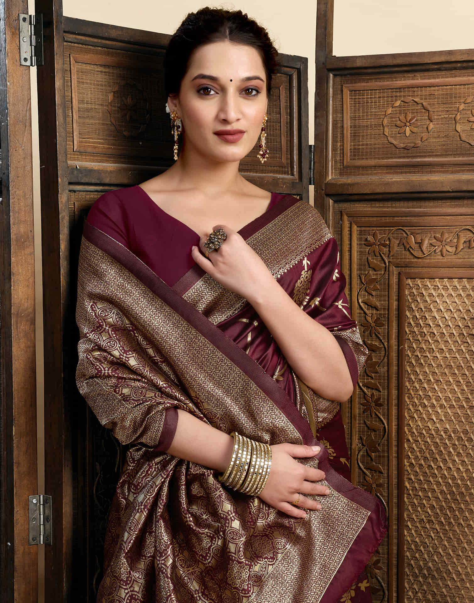 Maroon Silk Woven Banarasi Saree