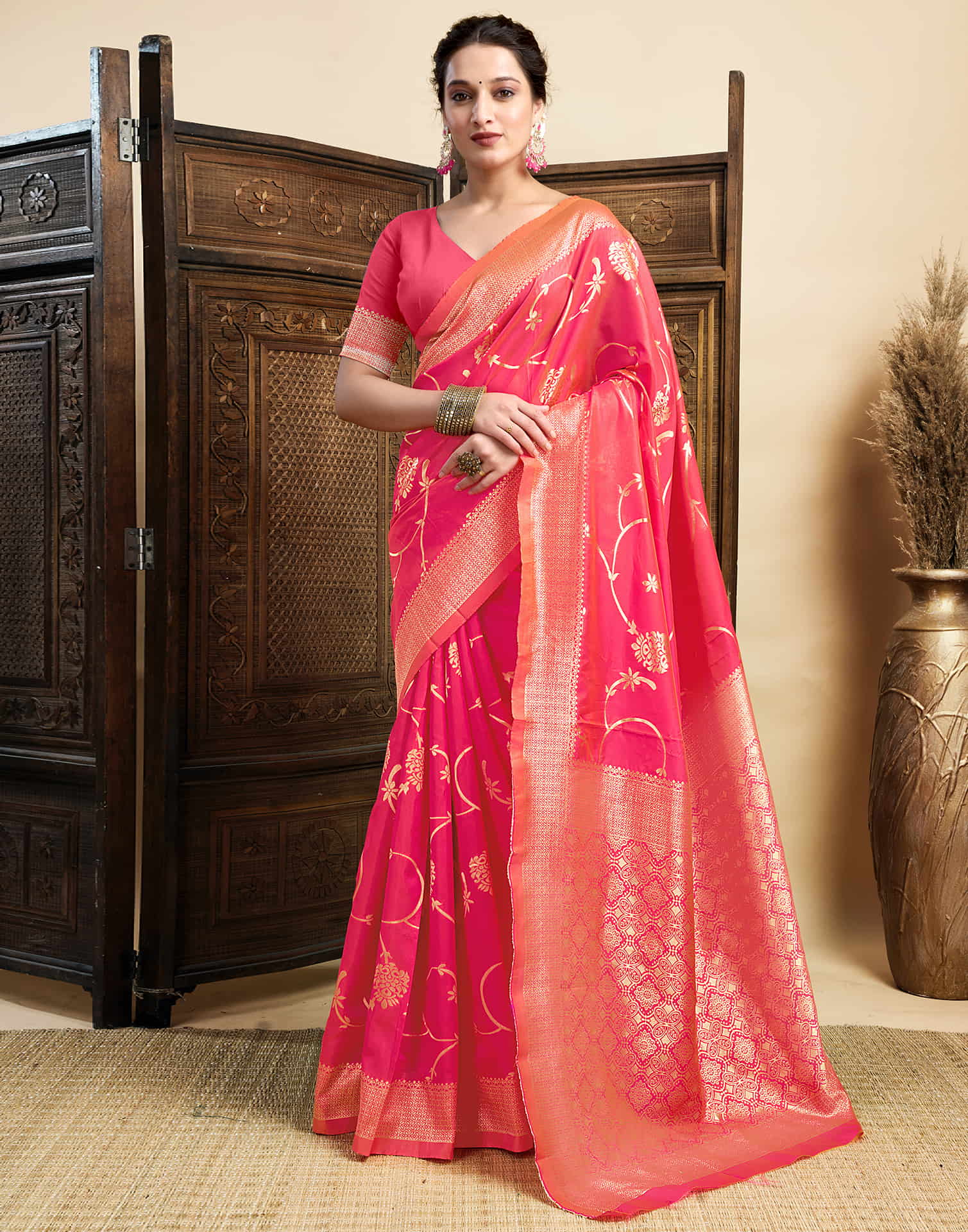 Bright Peach Silk Woven Banarasi Saree