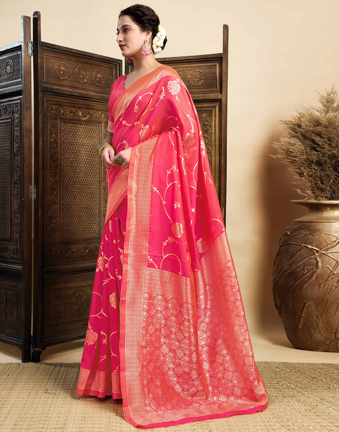 Bright Peach Silk Woven Banarasi Saree