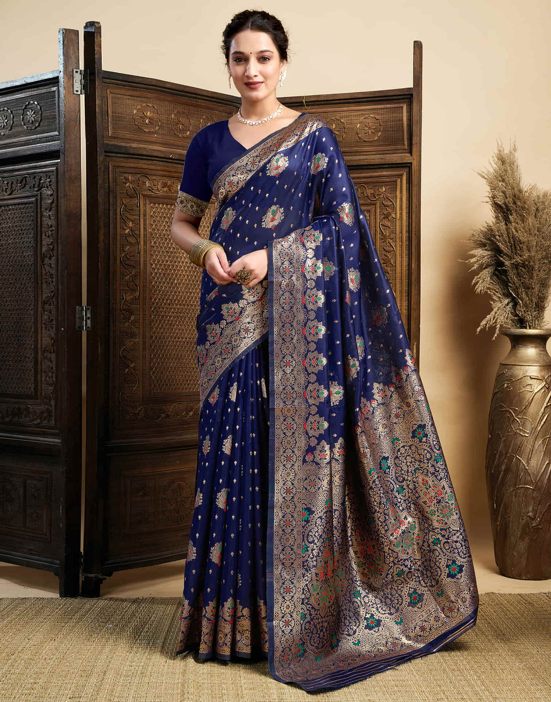 Navy Blue Silk Woven Banarasi Saree