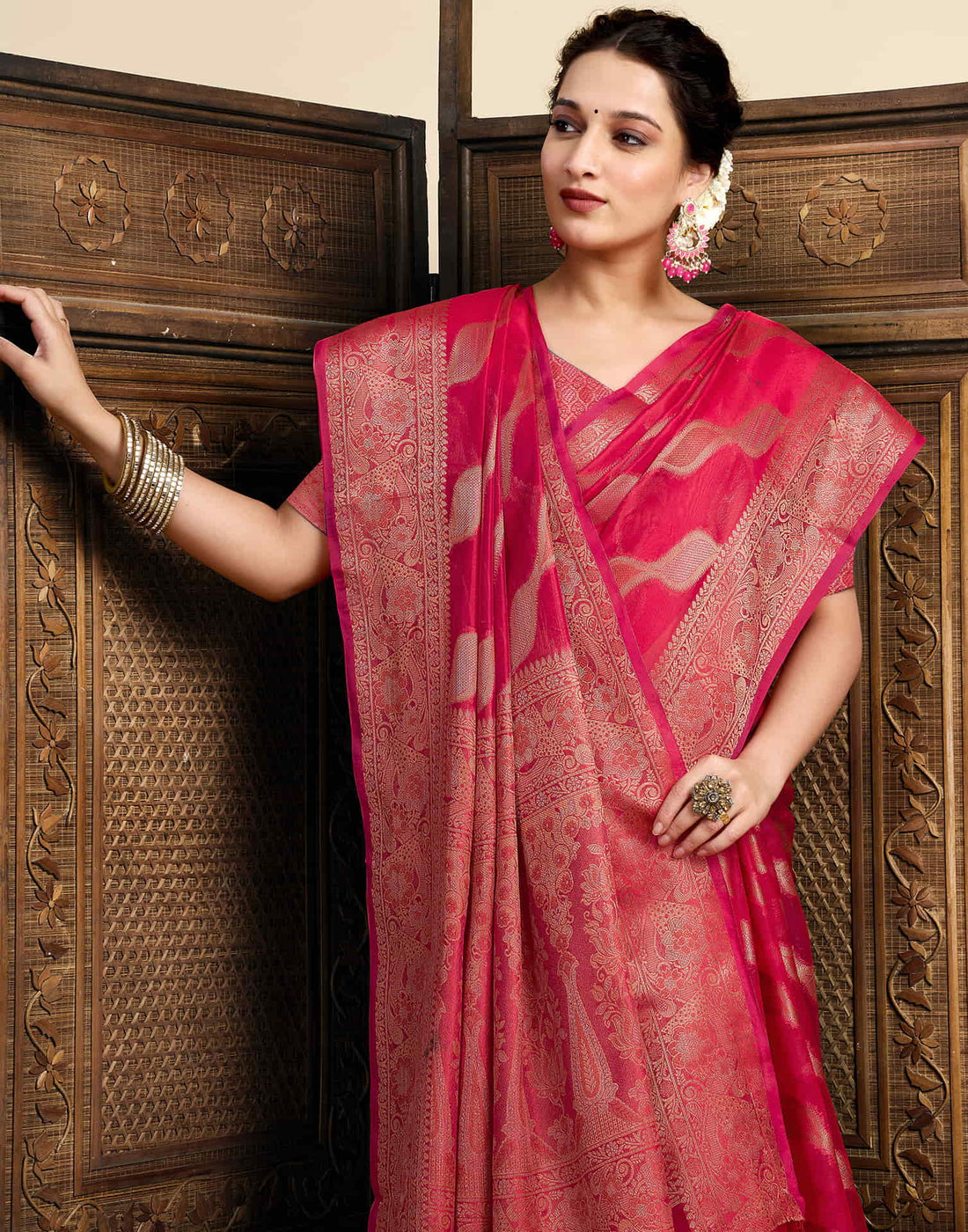 Ruby Red Silk Woven Saree