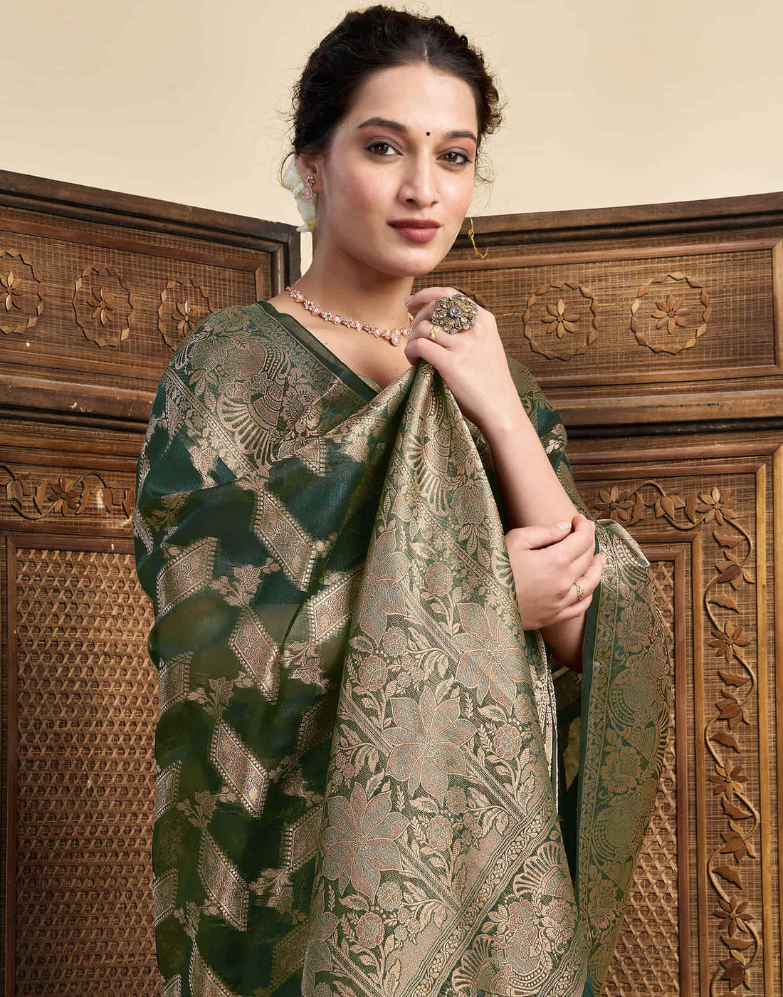 Dark Green Silk Woven Saree