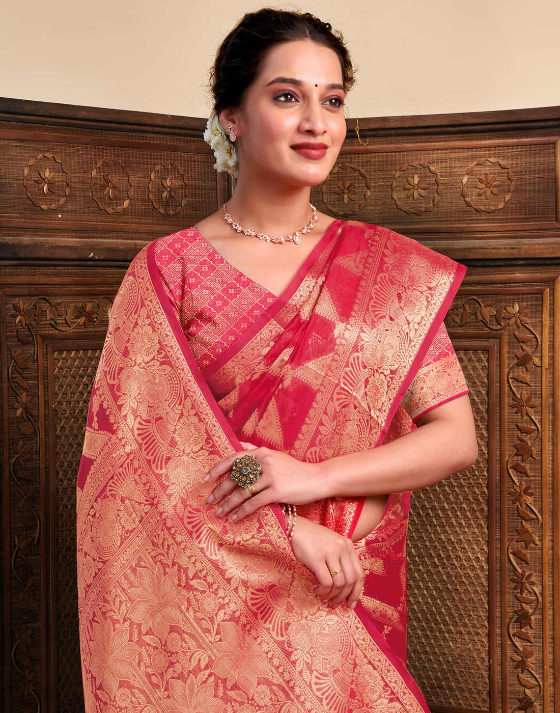 Ruby Red Silk Woven Saree