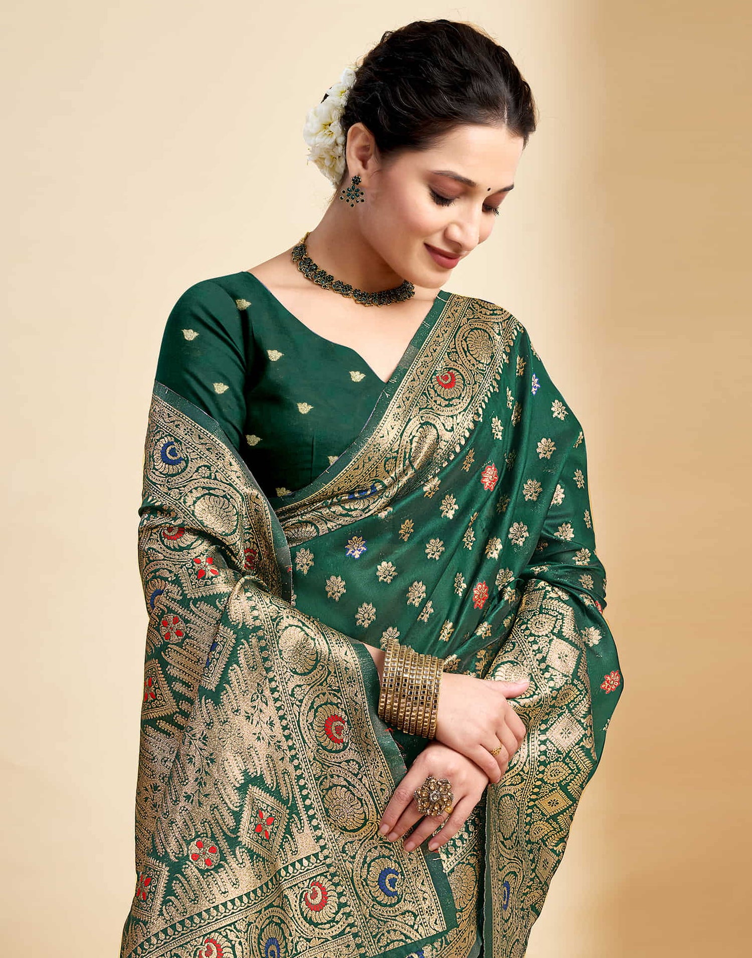 Dark Green Silk Woven Kanjivaram Saree