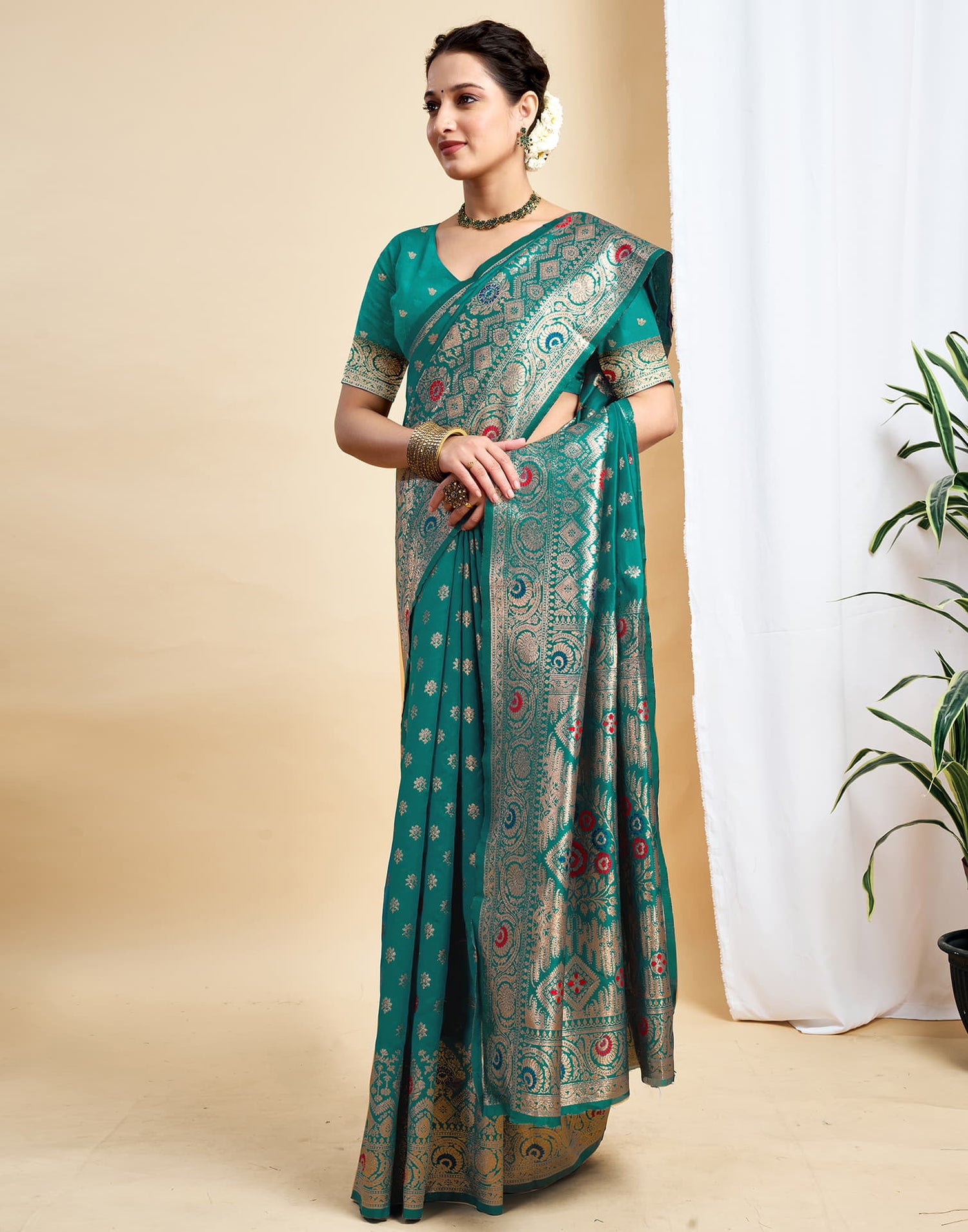 Teal Green Silk Woven Kanjivaram Saree