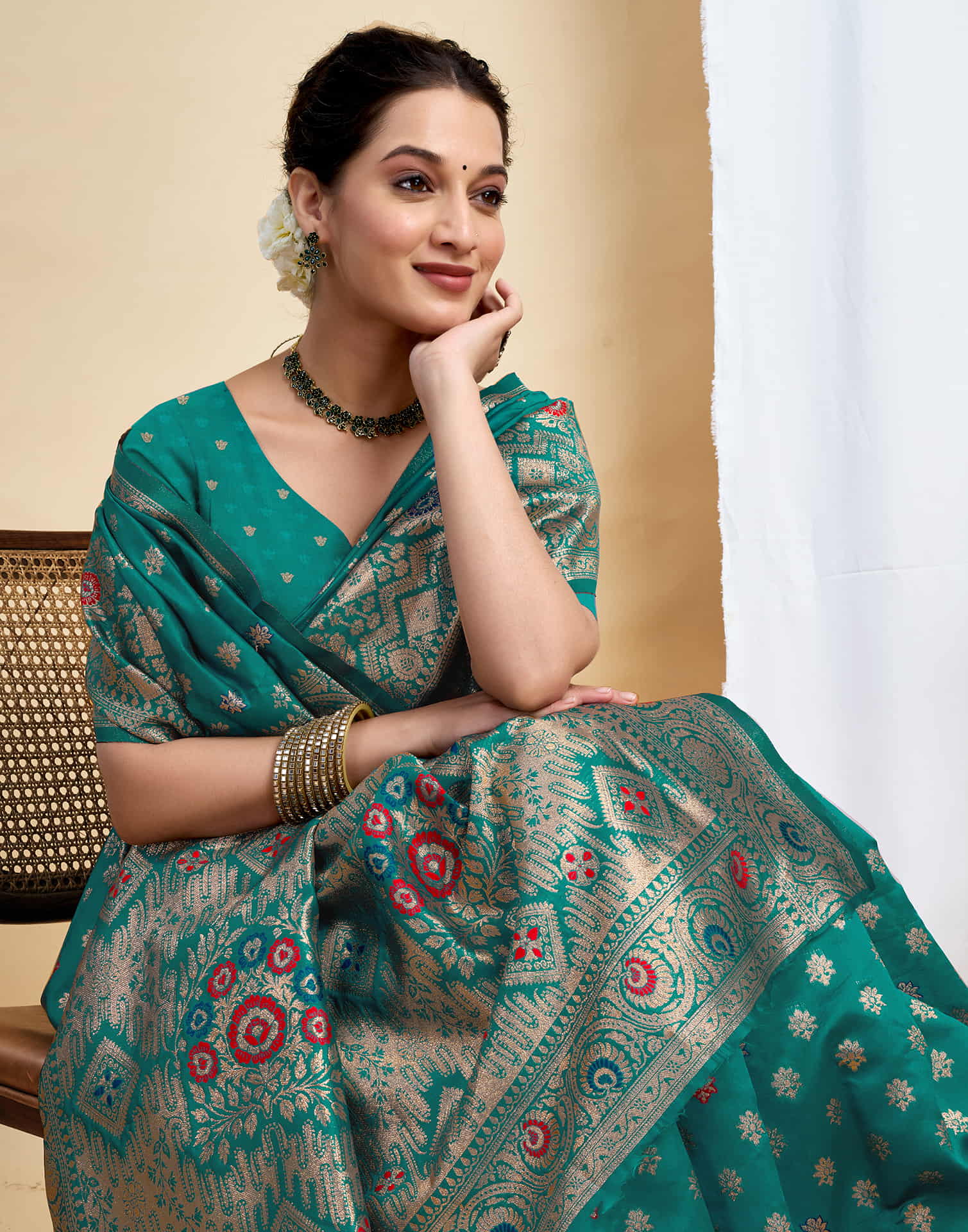 Teal Green Silk Woven Kanjivaram Saree