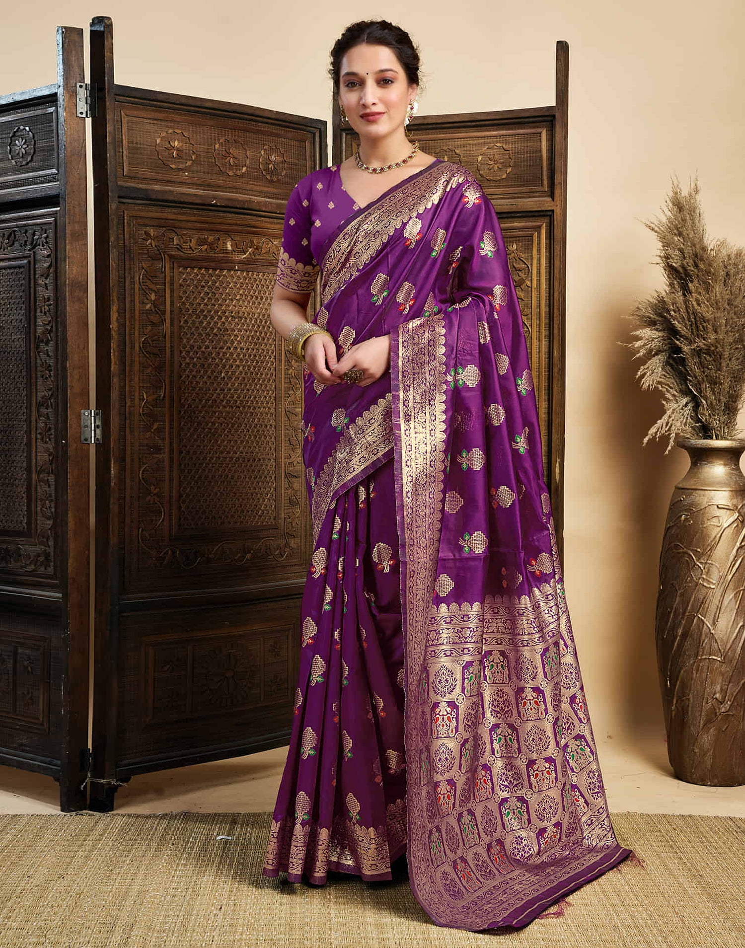 Wine Silk Woven Kanjivaram Saree