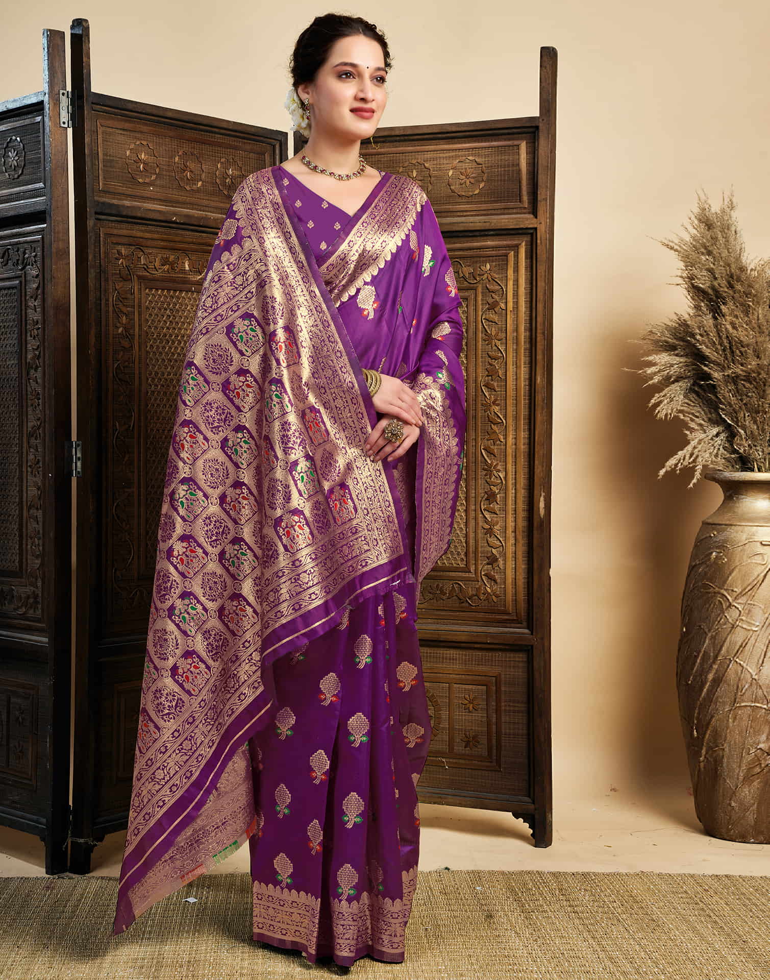 Wine Silk Woven Kanjivaram Saree