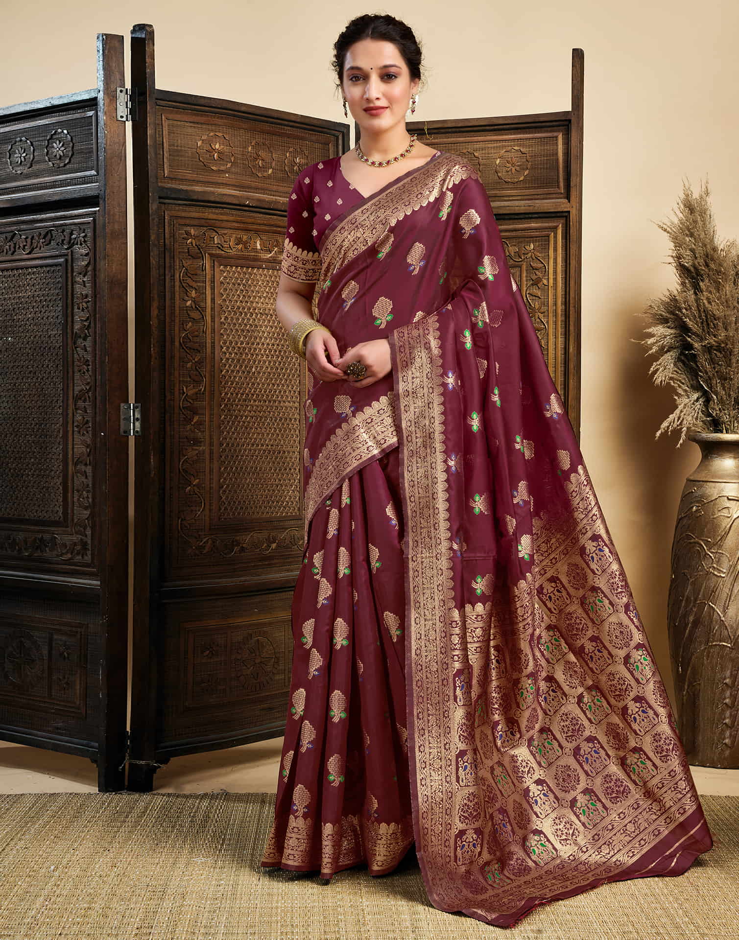 Maroon Silk Woven Kanjivaram Saree