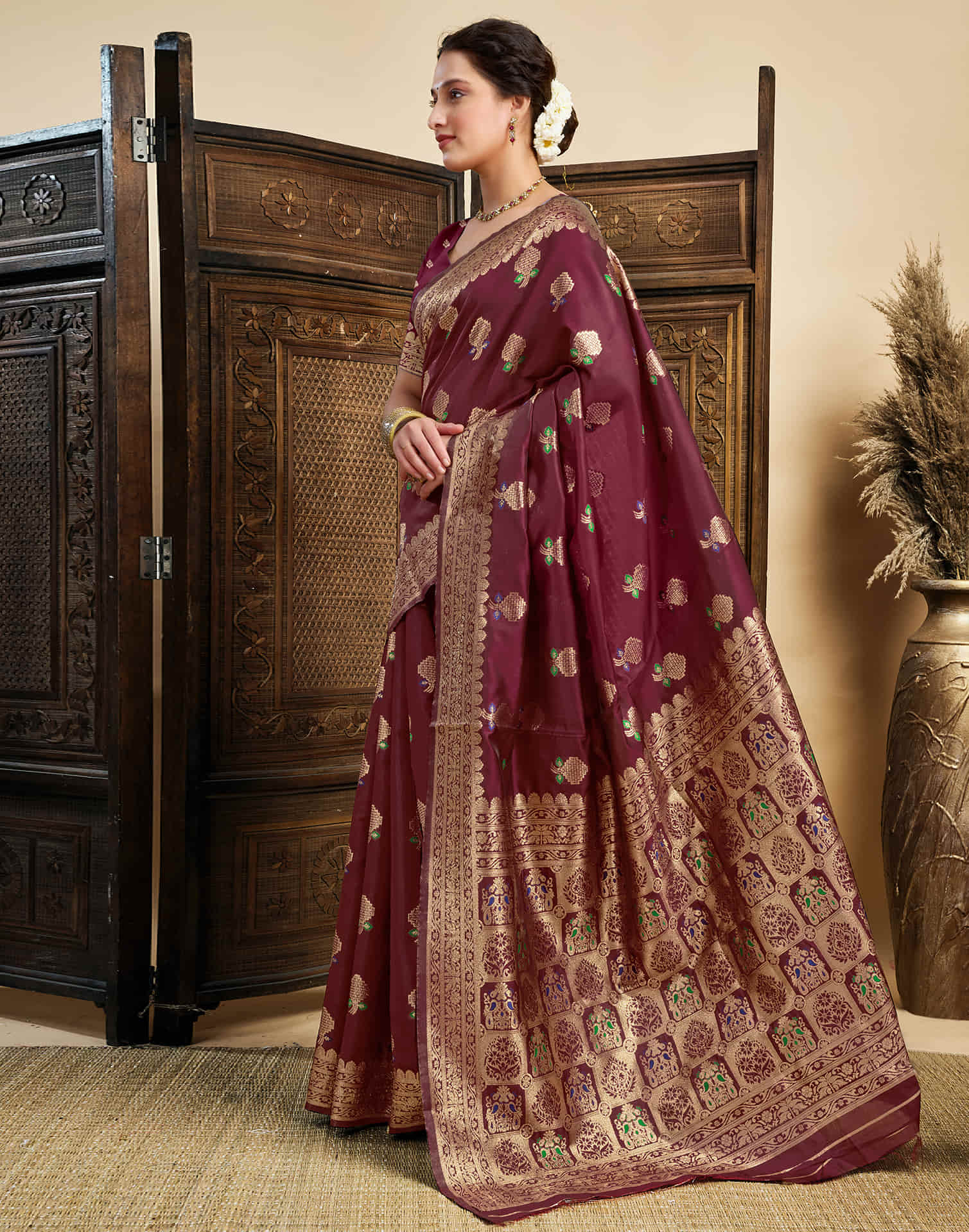 Maroon Silk Woven Kanjivaram Saree