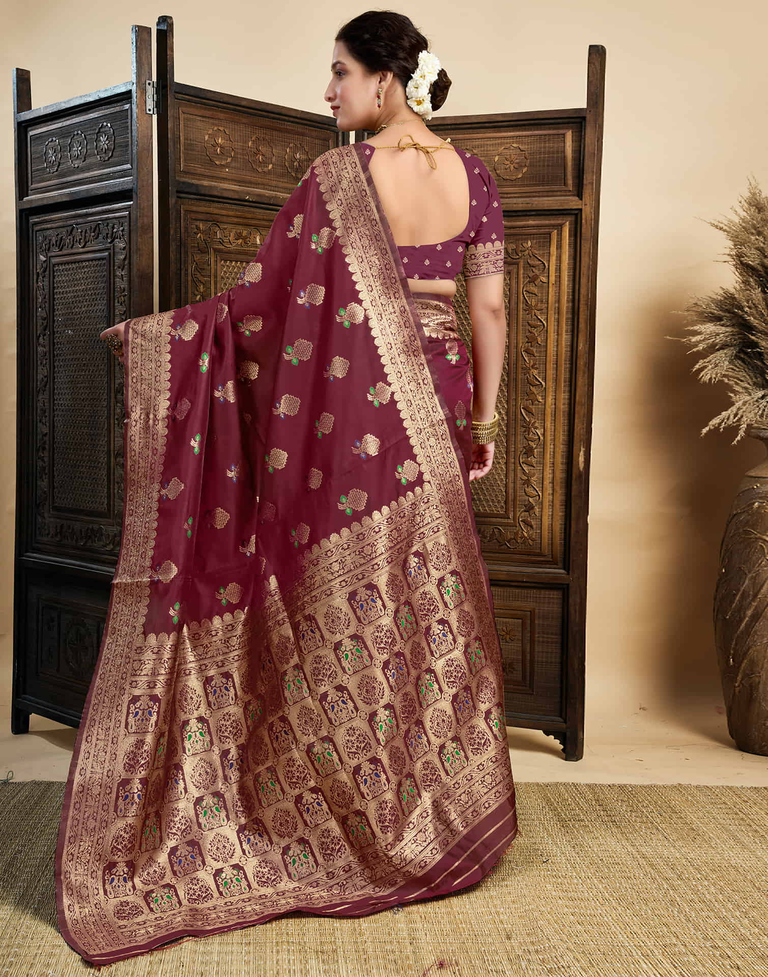 Maroon Silk Woven Kanjivaram Saree