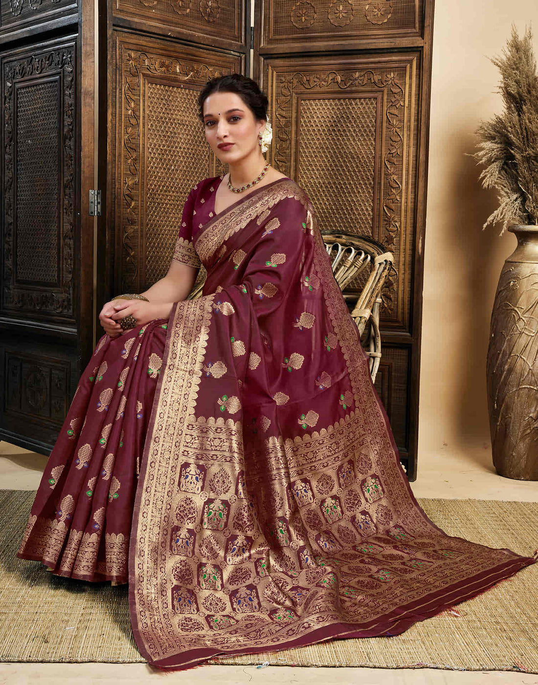 Maroon Silk Woven Banarasi Saree