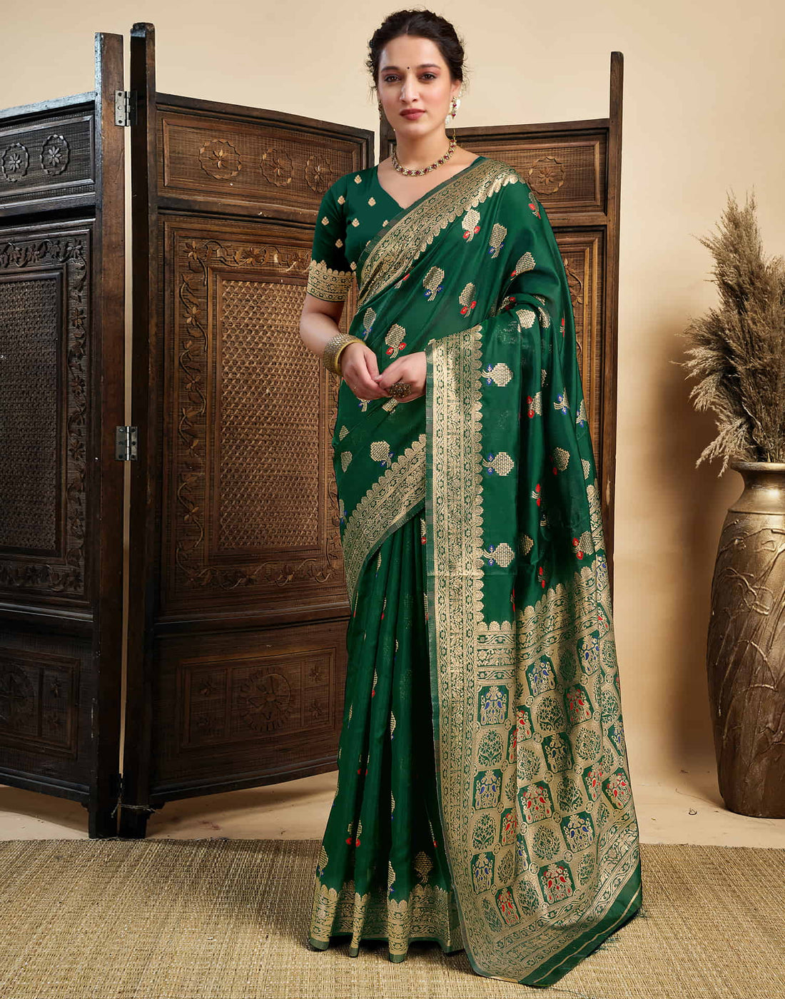 Dark Green Silk Woven Kanjivaram Saree