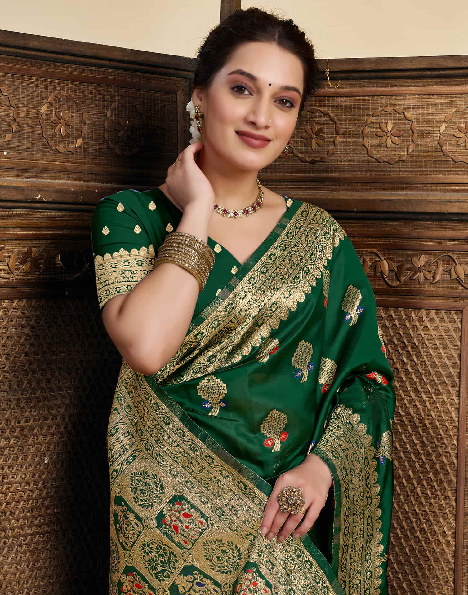 Dark Green Silk Woven Kanjivaram Saree