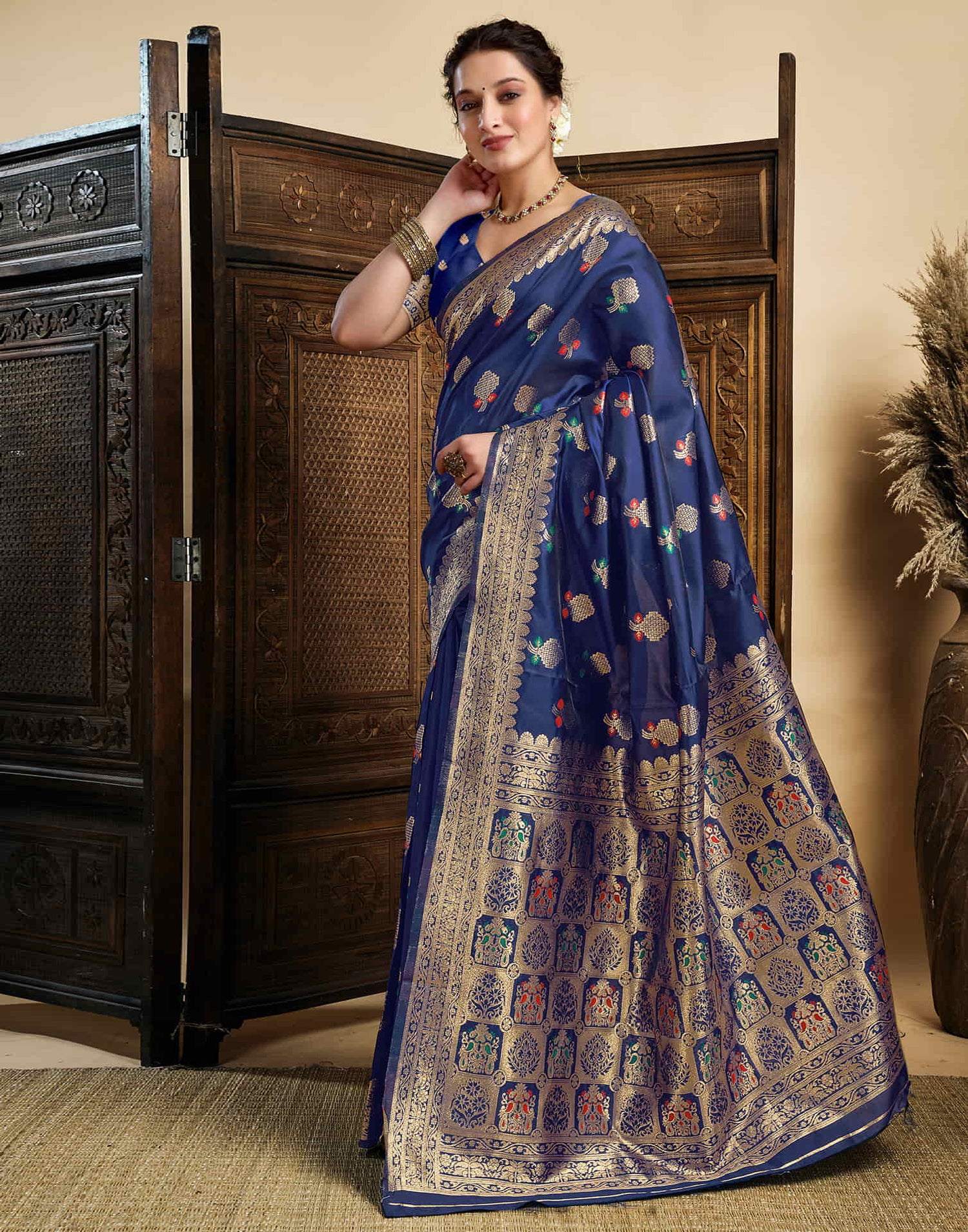 Navy Blue Silk Woven Kanjivaram Saree