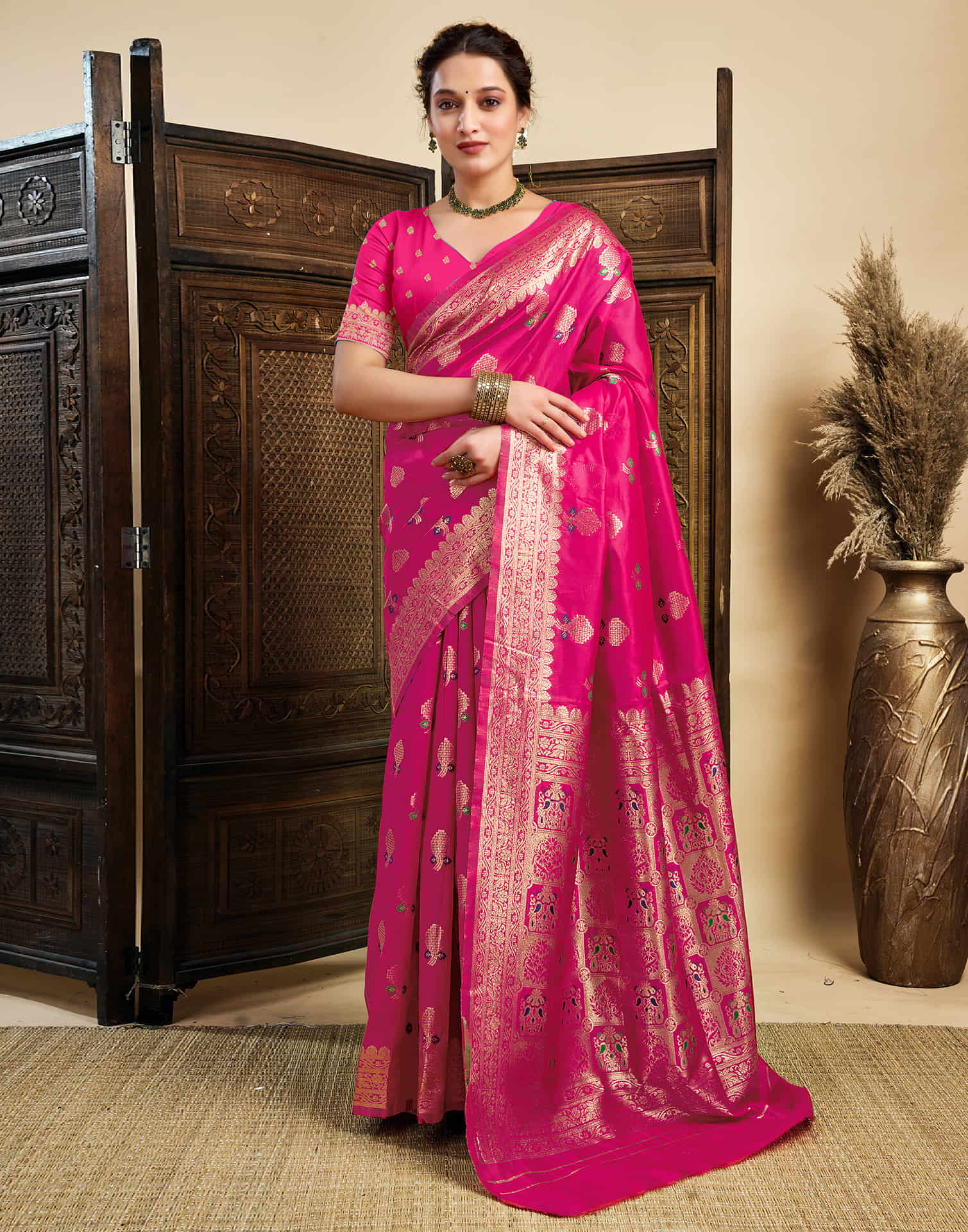 Rani Pink Silk Woven Kanjivaram Saree