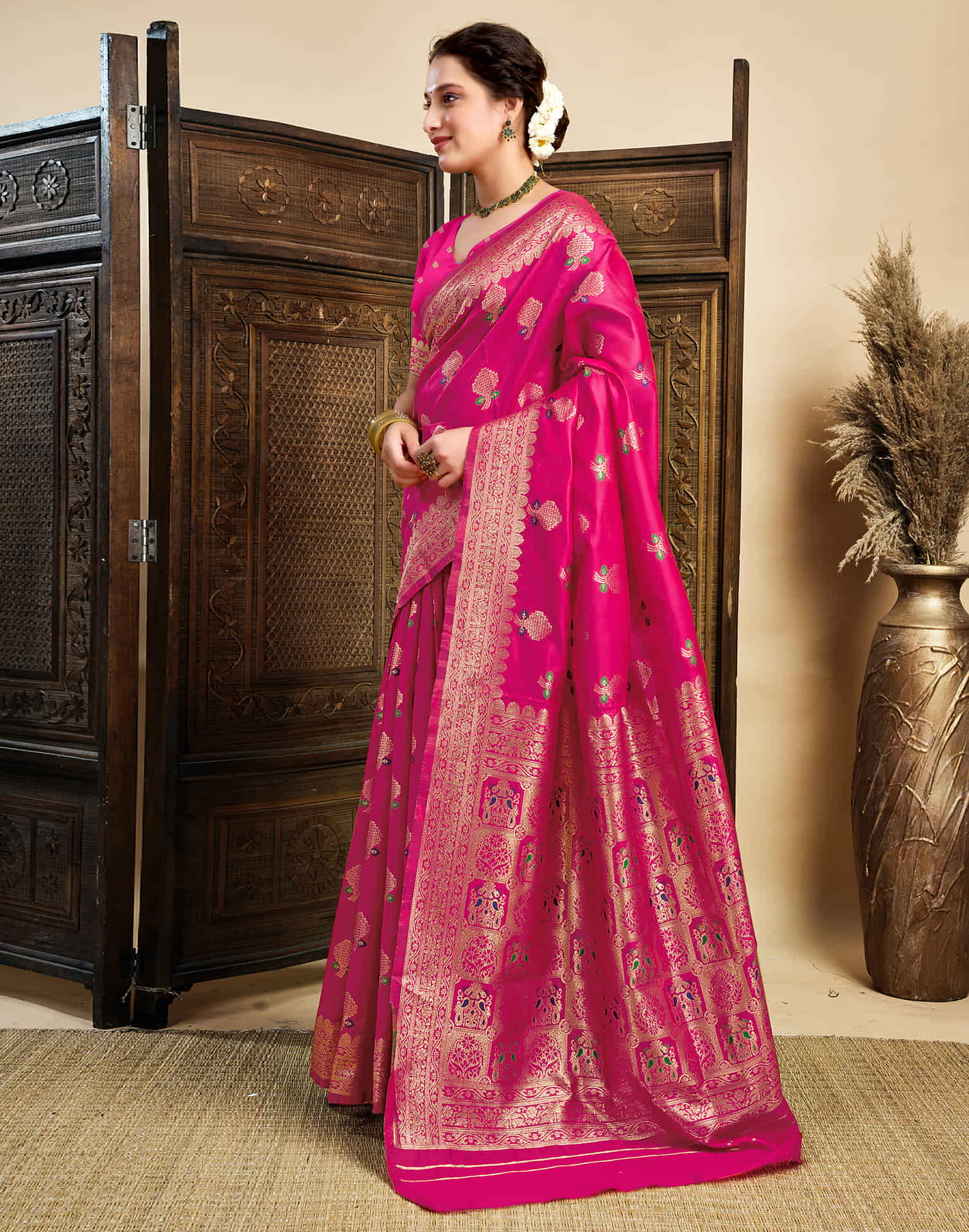 Rani Pink Silk Woven Kanjivaram Saree