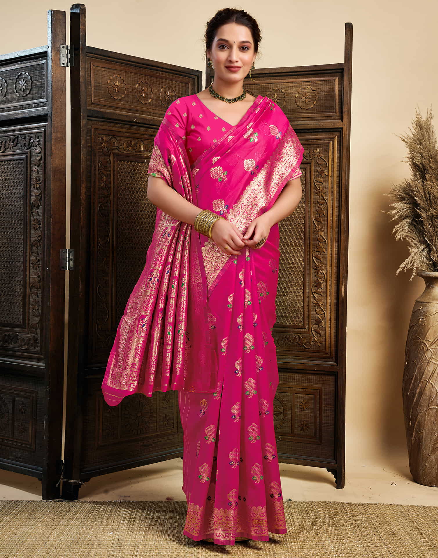 Rani Pink Silk Woven Kanjivaram Saree