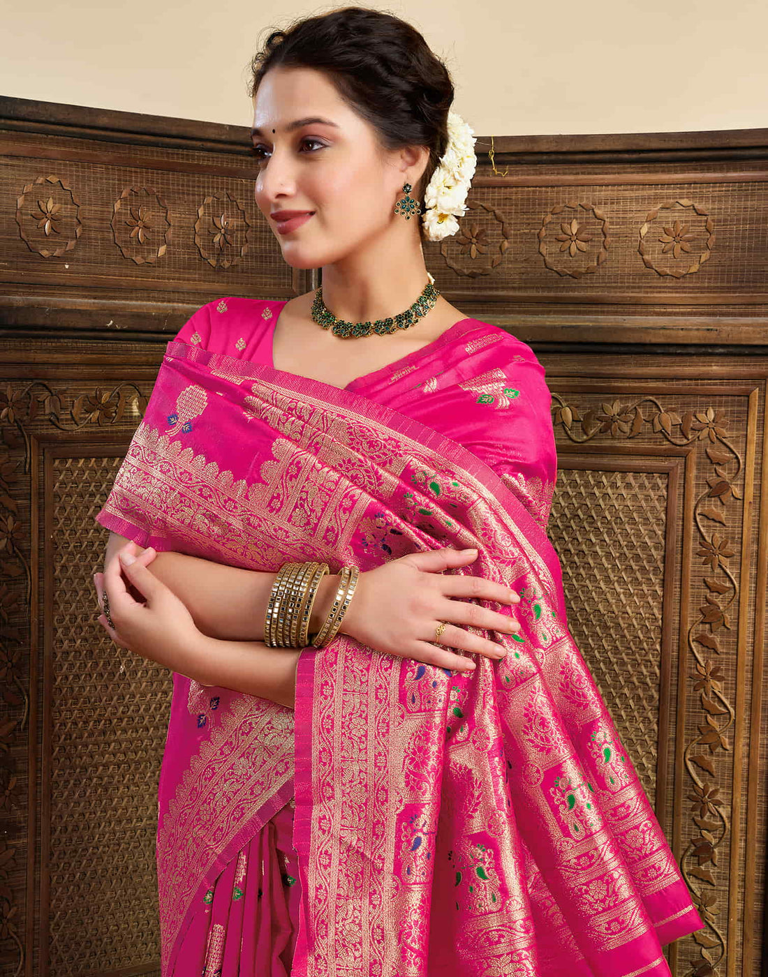 Rani Pink Silk Woven Banarasi Saree