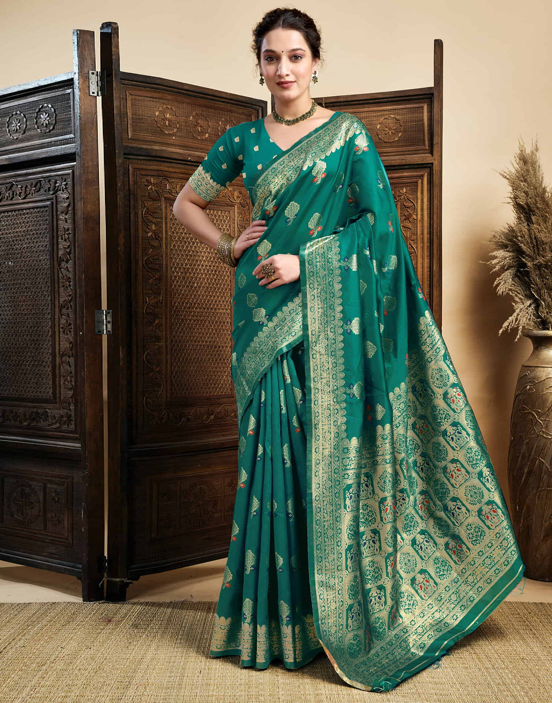 Teal Green Silk Woven Kanjivaram Saree