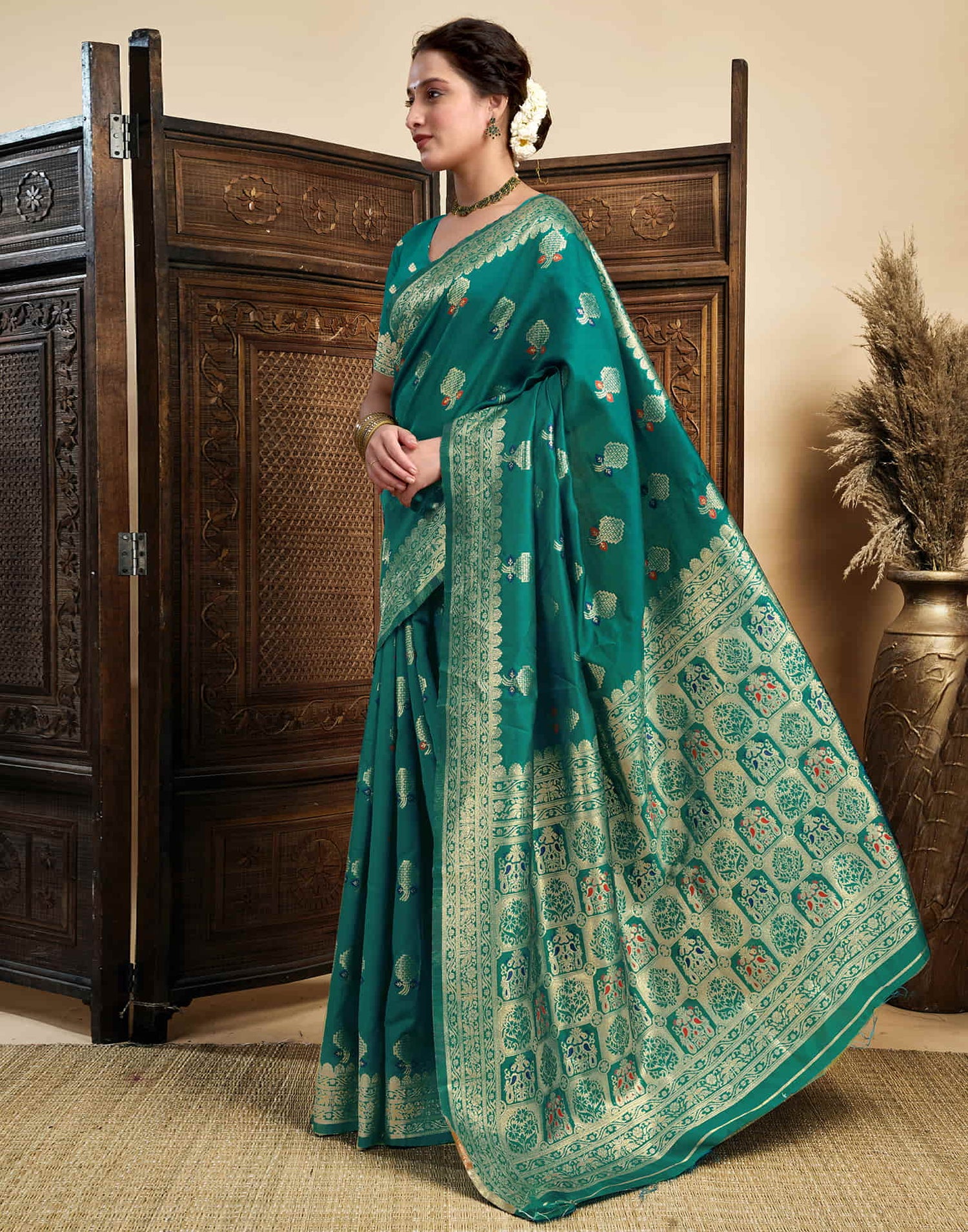 Teal Green Silk Woven Kanjivaram Saree