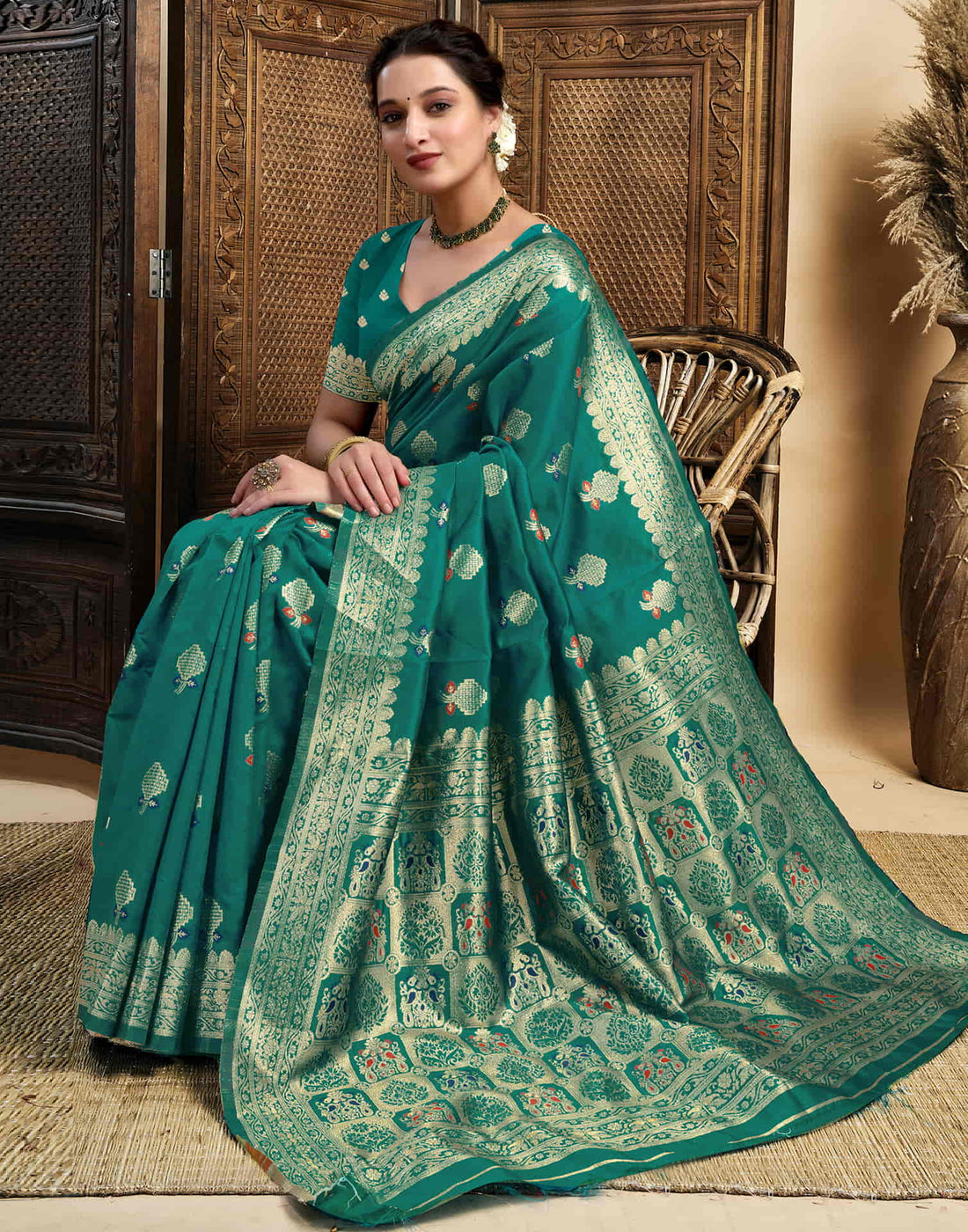 Teal Green Silk Woven Kanjivaram Saree