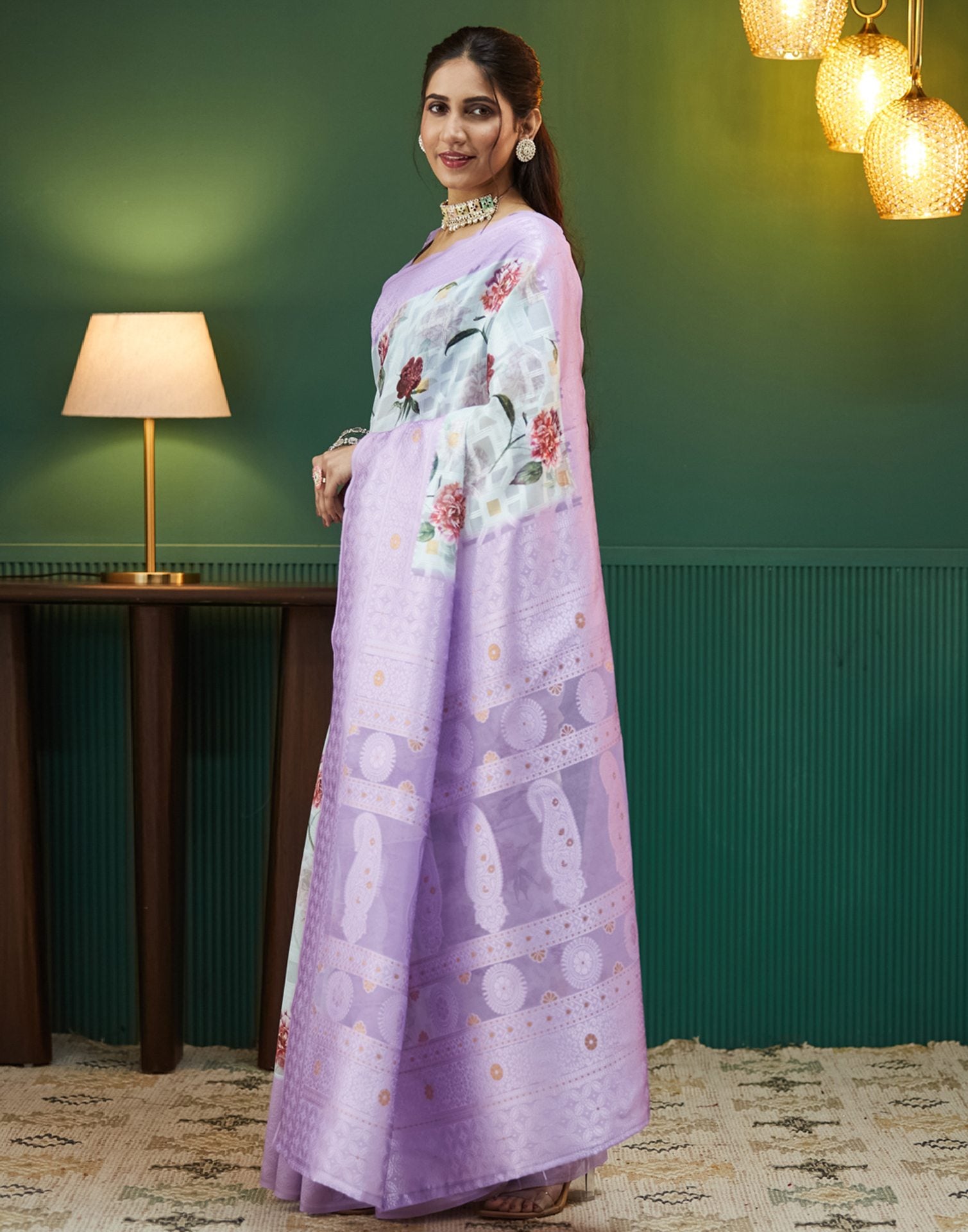 Lavender Silk Floral Printed Saree