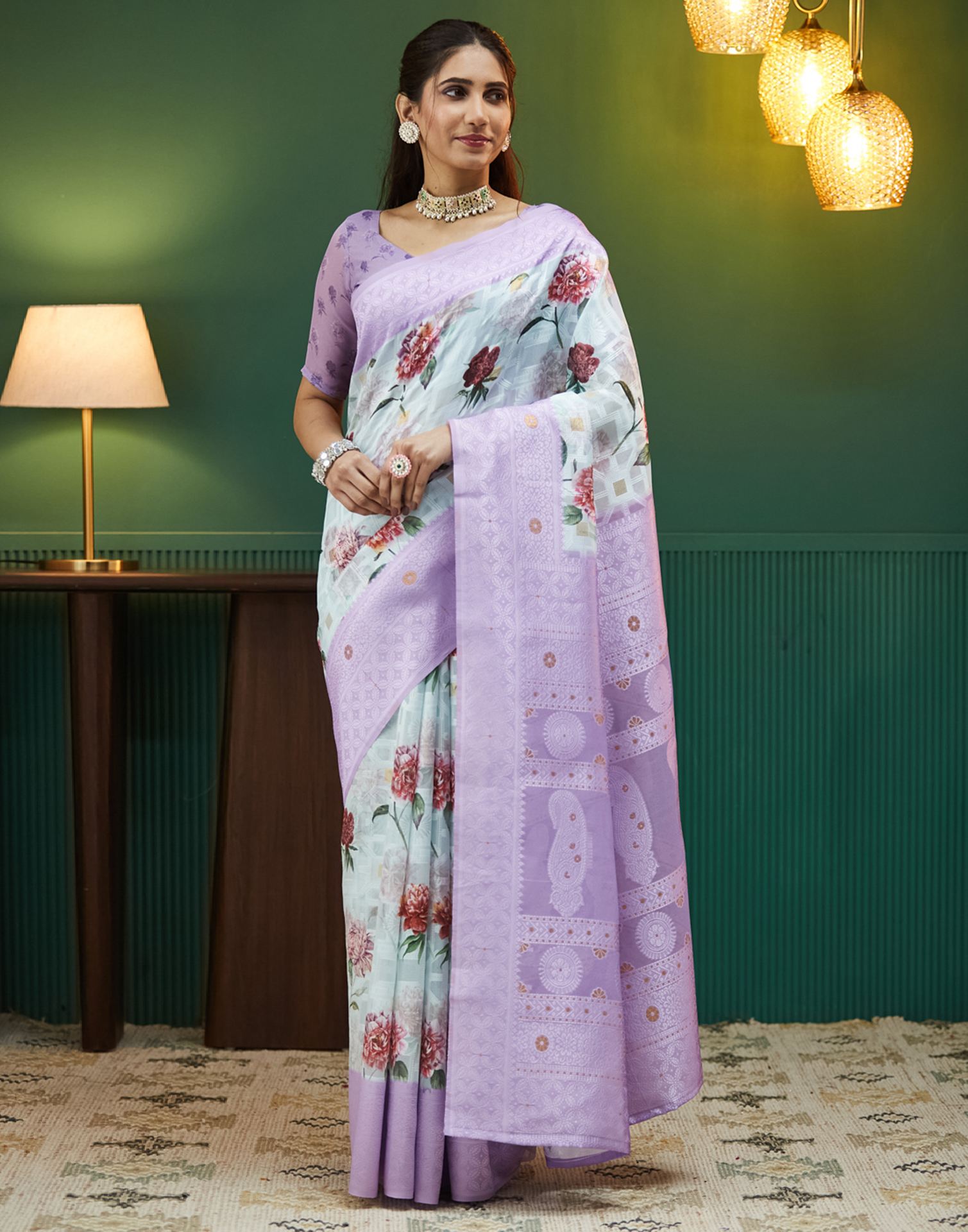 Lavender Silk Floral Printed Saree