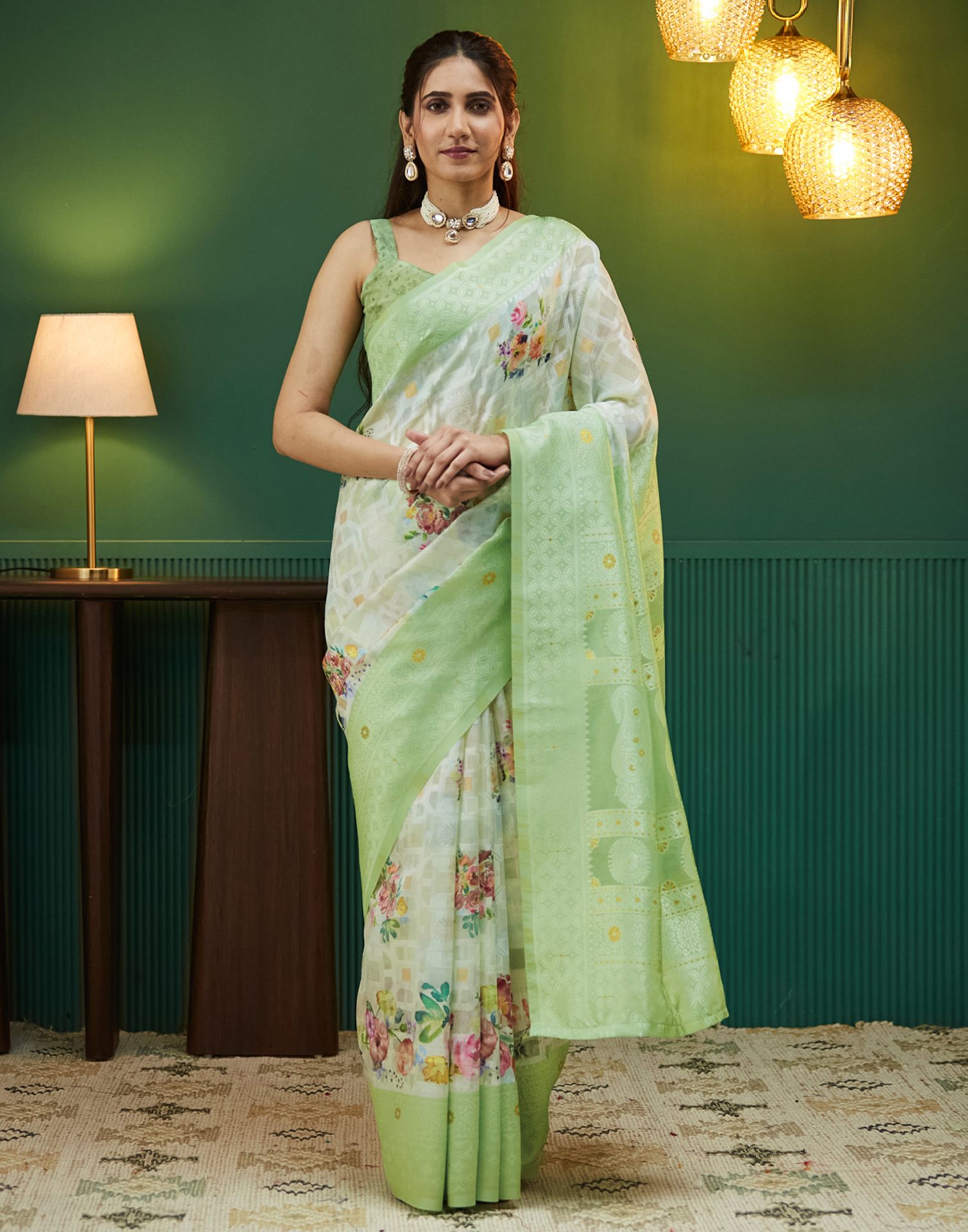 Green Floral Printed Silk Saree