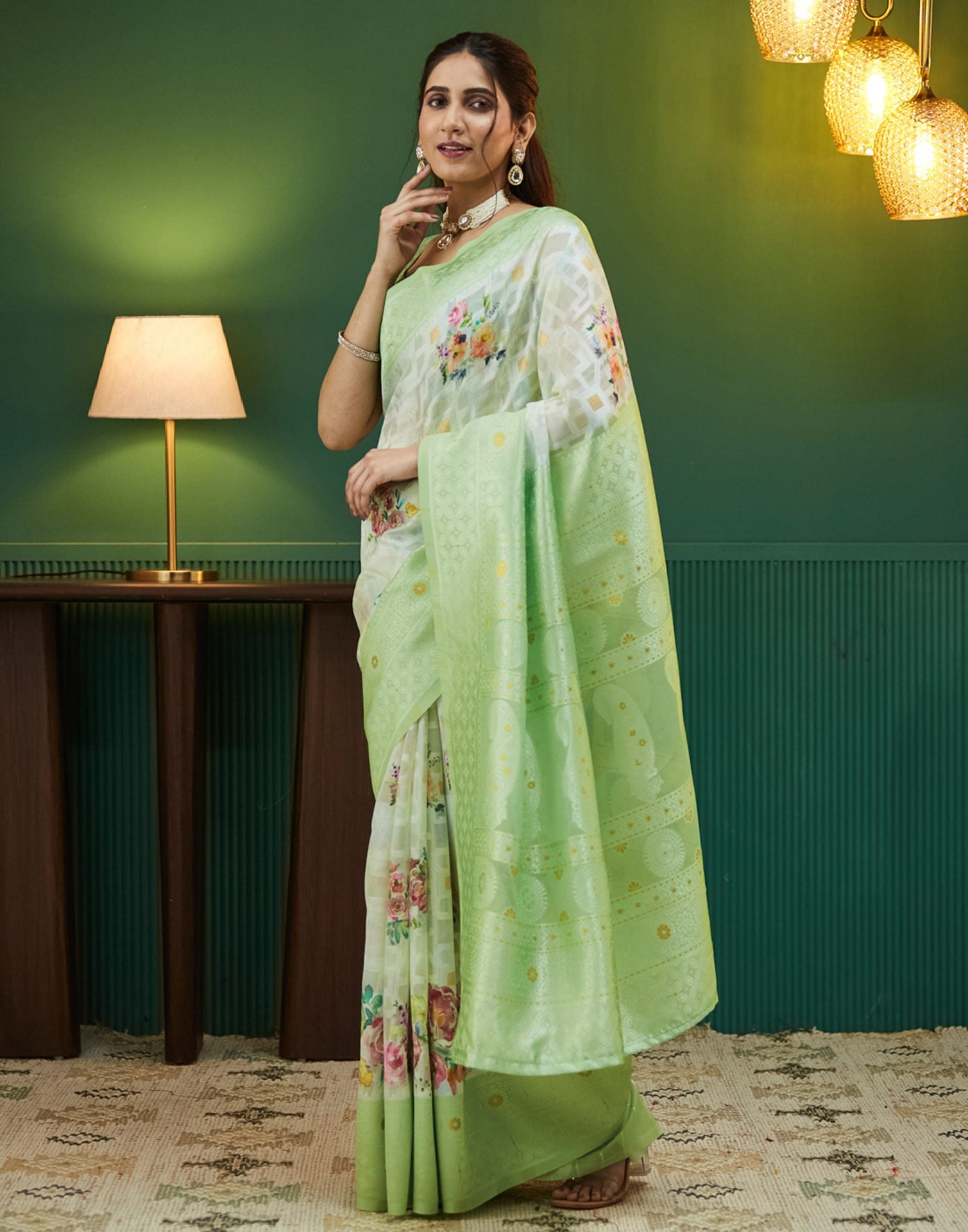 Green Floral Printed Silk Saree