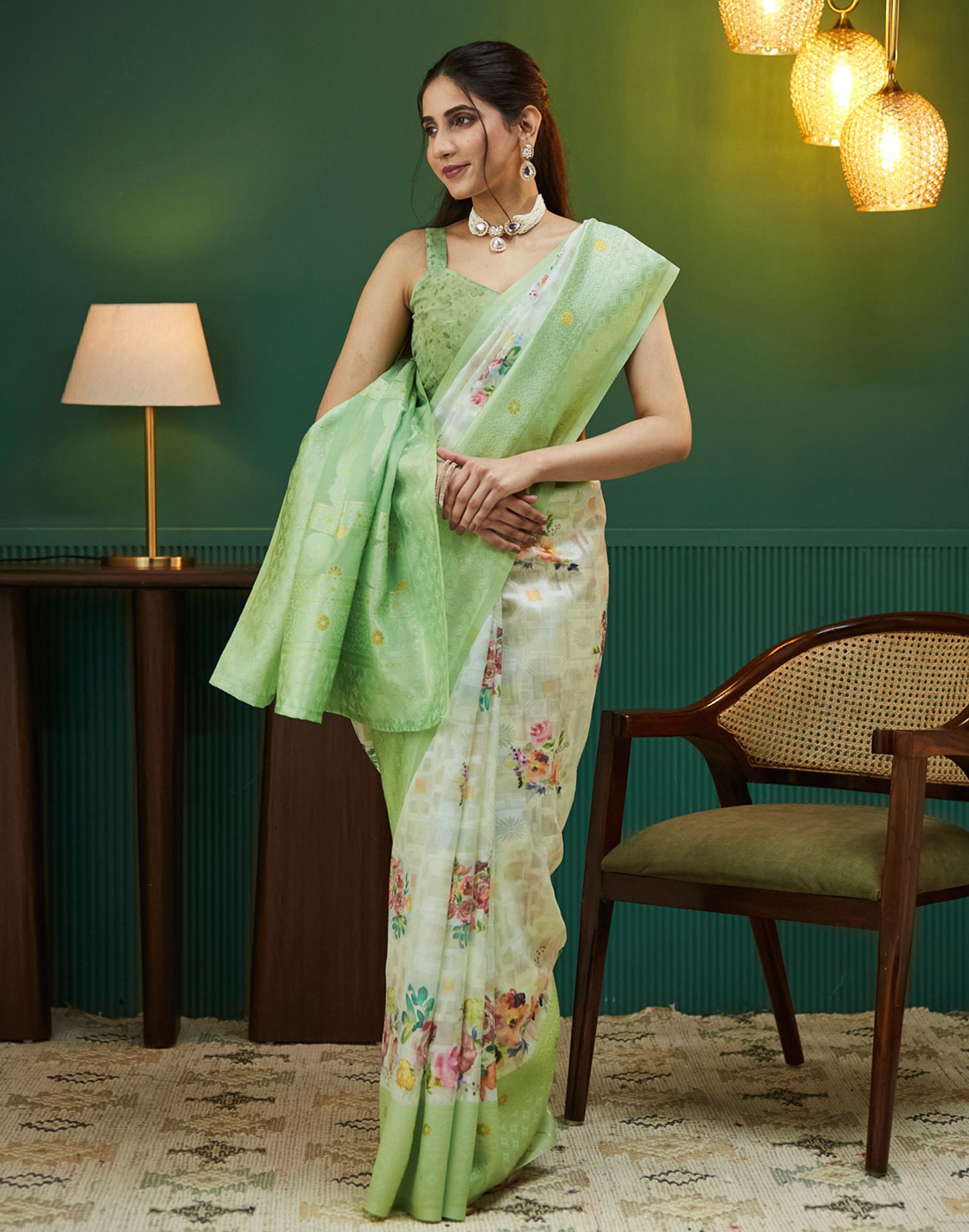 Green Floral Printed Silk Saree