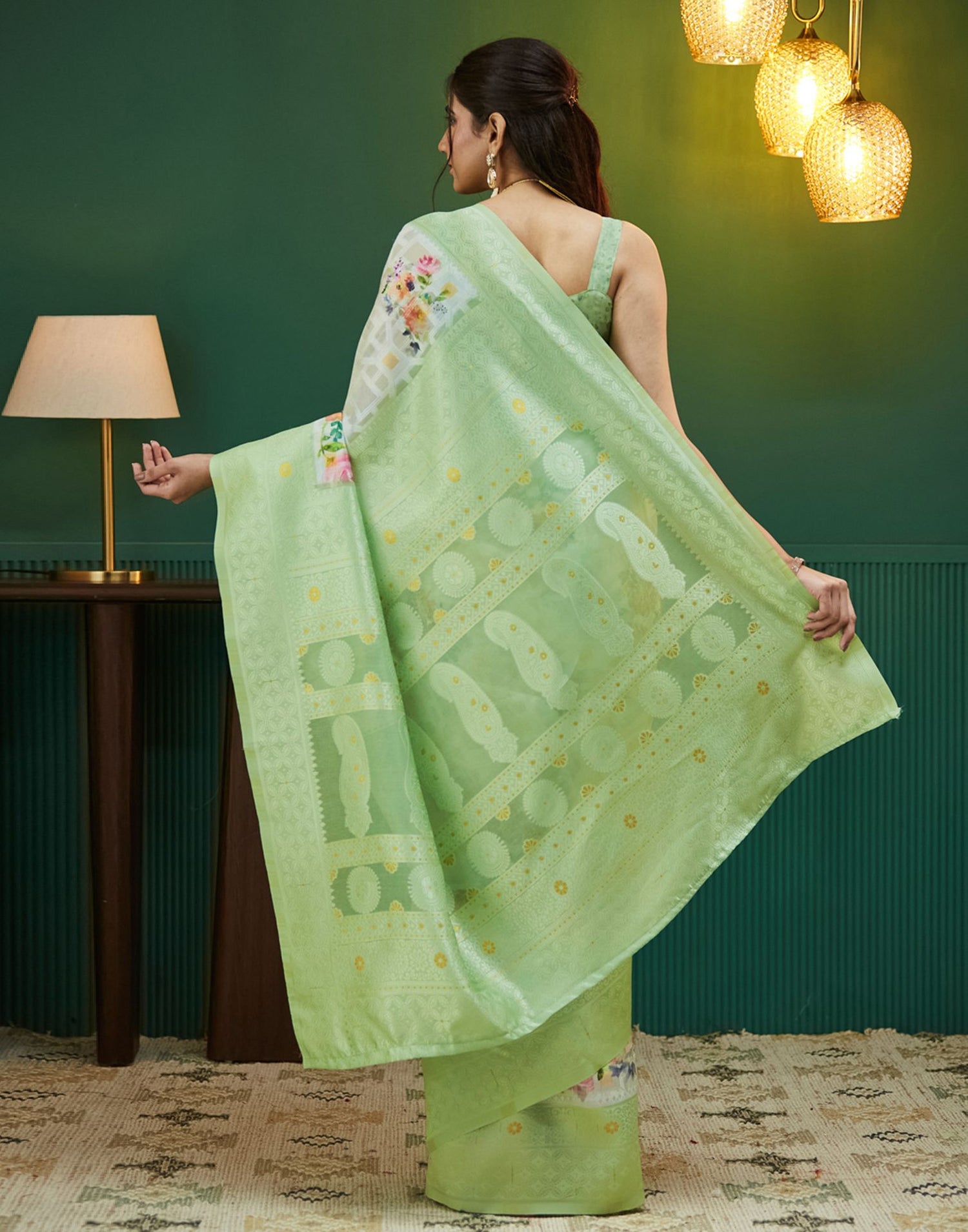 Green Floral Printed Silk Saree