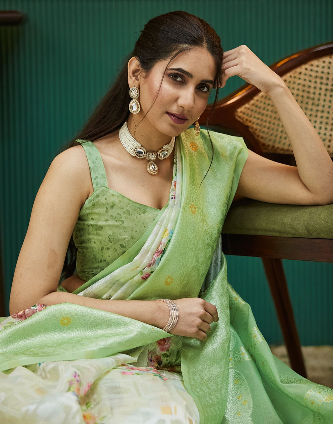 Green Floral Printed Silk Saree