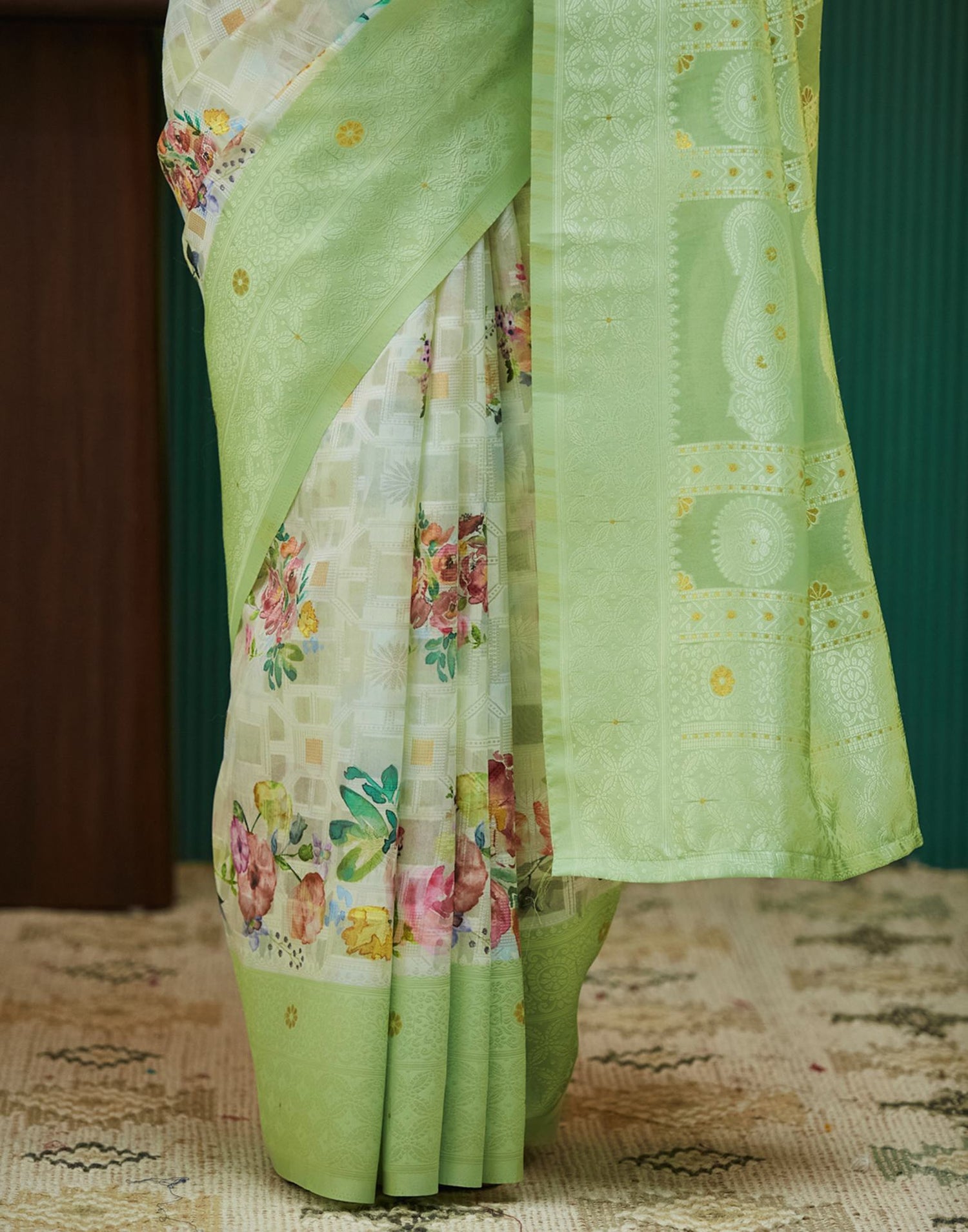 Green Floral Printed Silk Saree