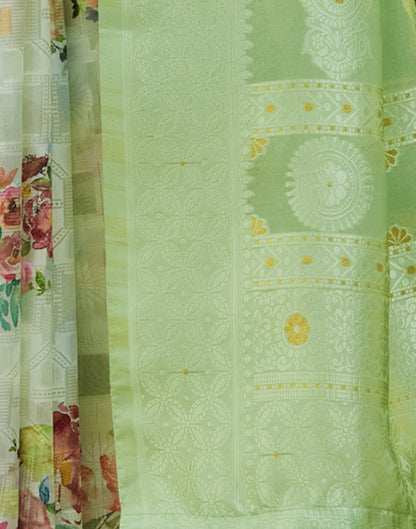 Green Floral Printed Silk Saree