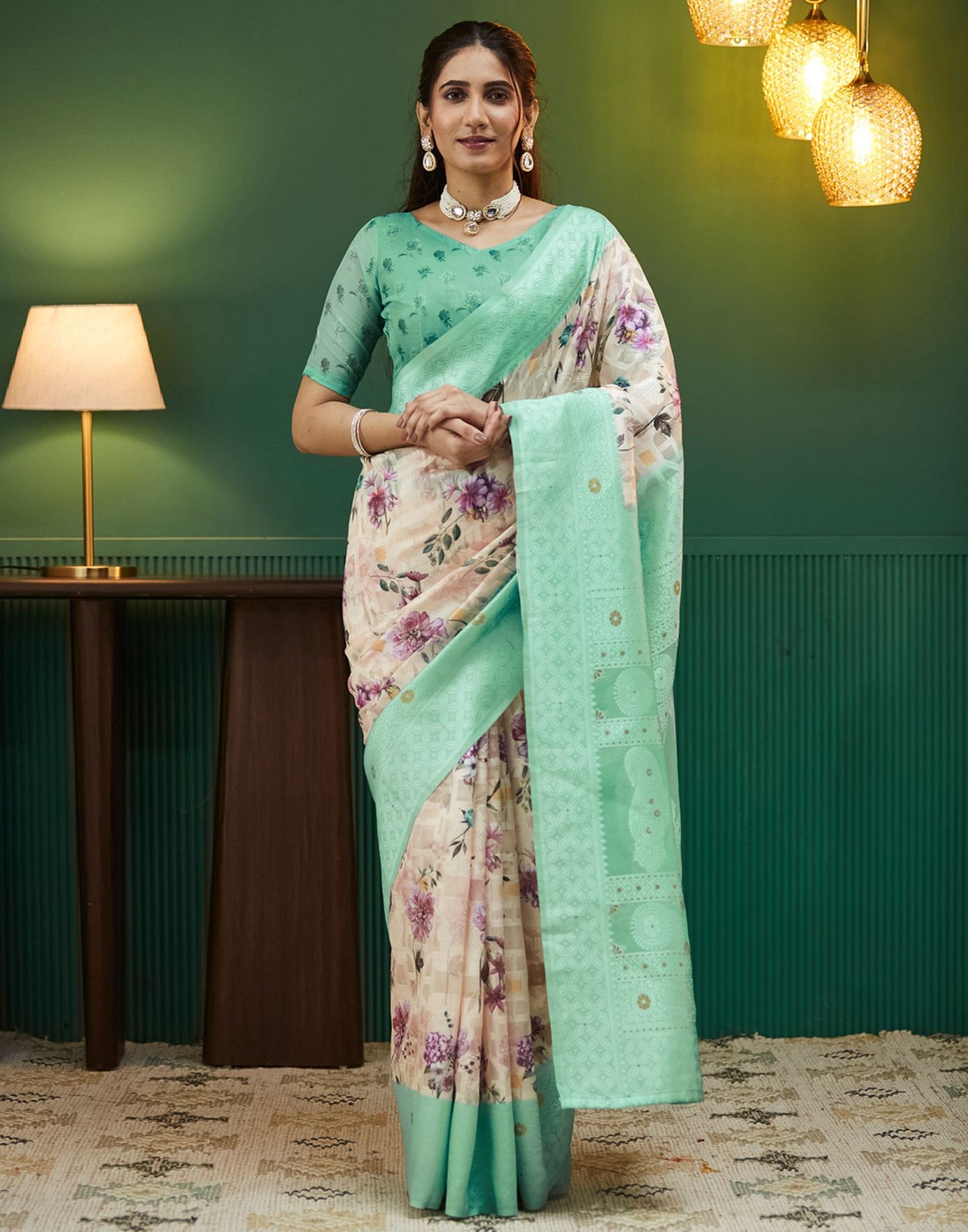 Teal Green Floral Printed Silk Saree