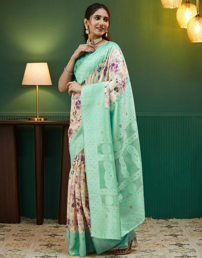 Teal Green Floral Printed Silk Saree