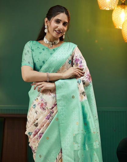 Teal Green Floral Printed Silk Saree