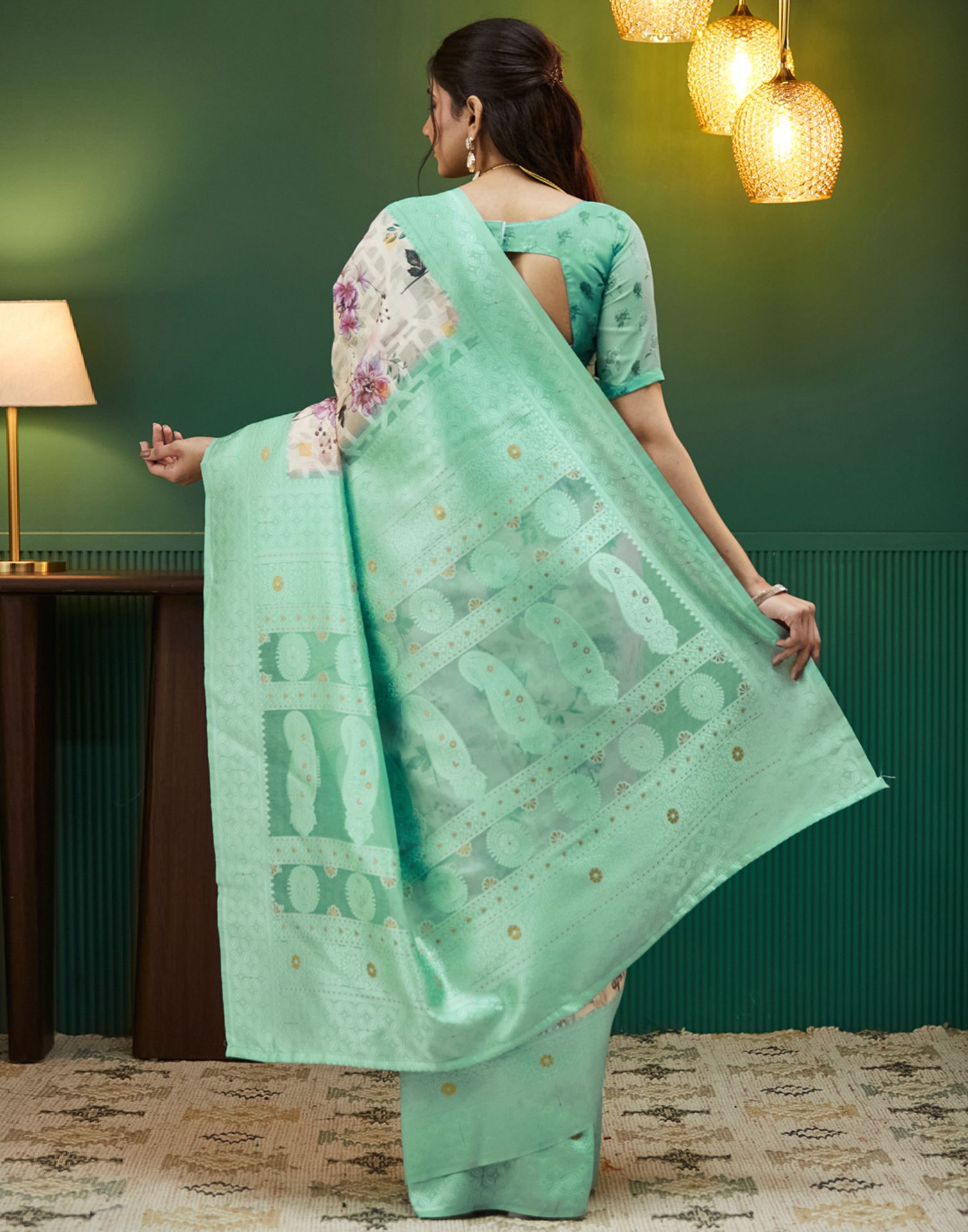 Teal Green Floral Printed Silk Saree