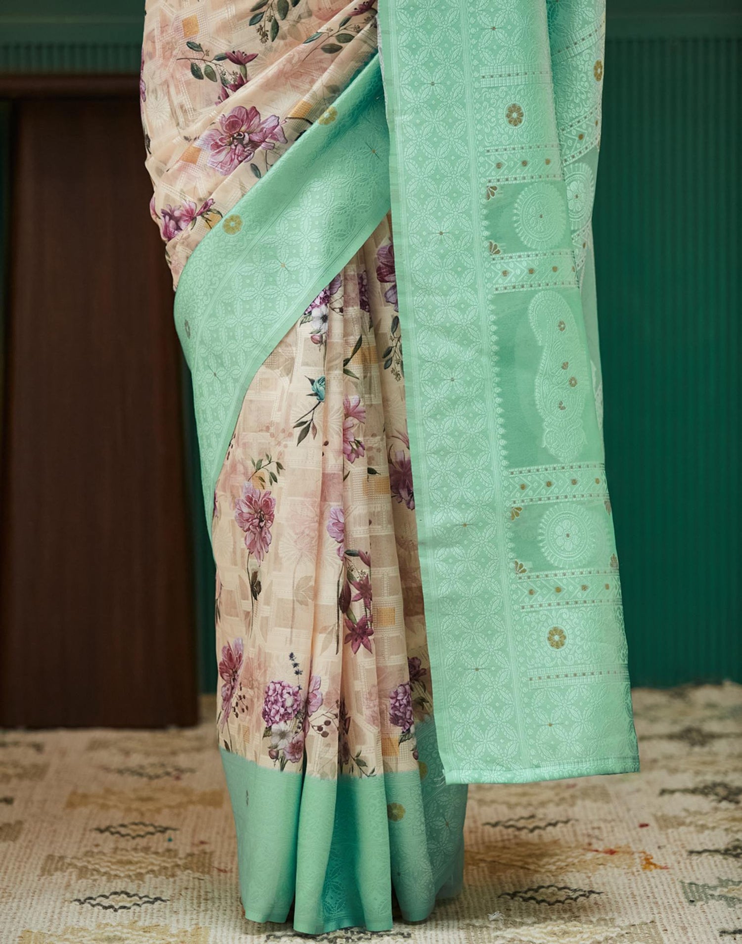 Teal Green Floral Printed Silk Saree