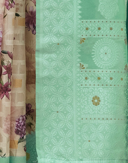 Teal Green Floral Printed Silk Saree