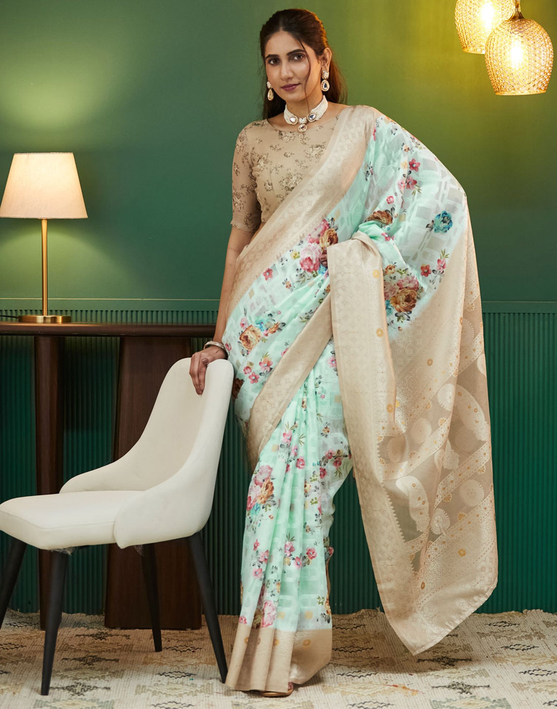 Beige Floral Printed Silk Saree