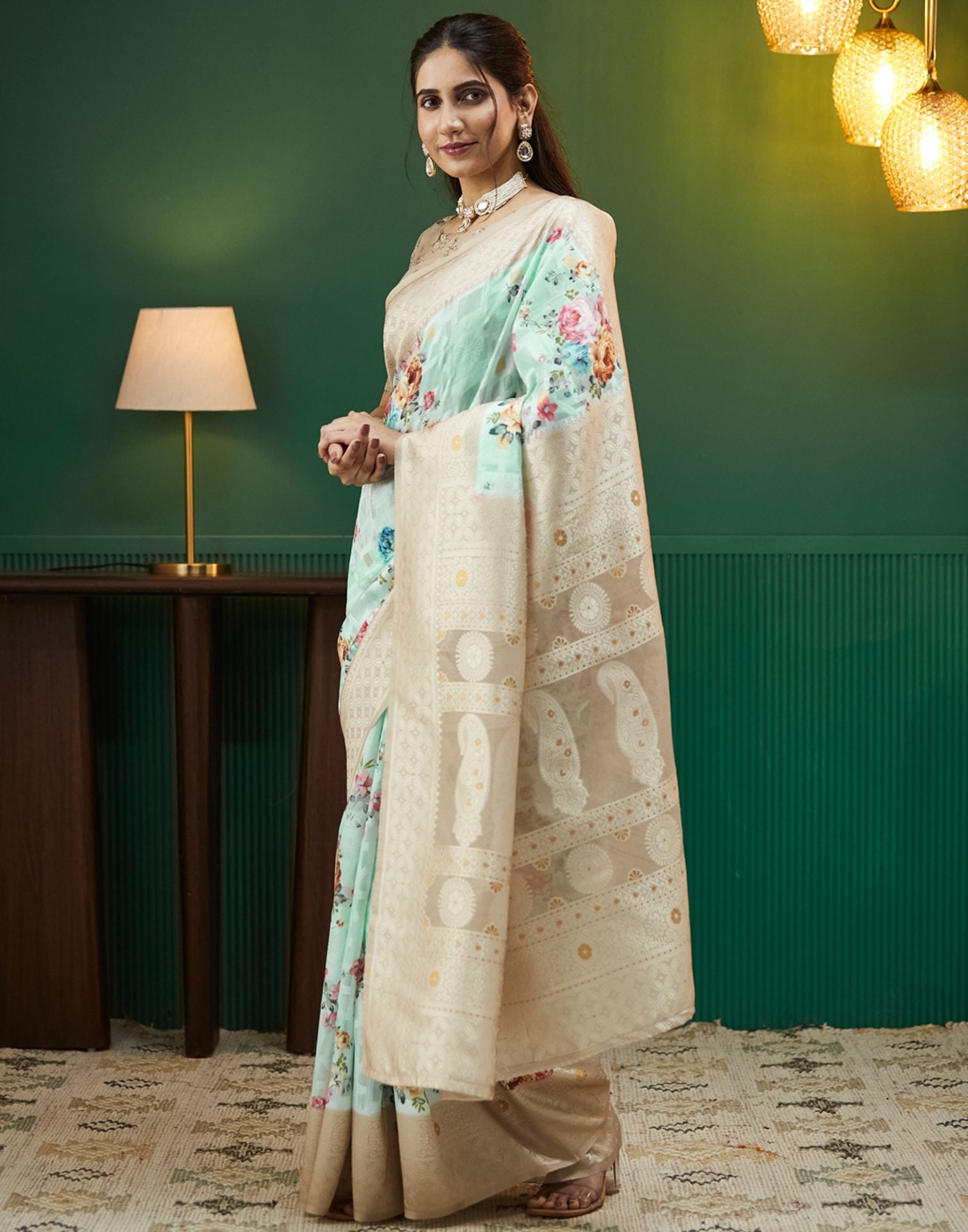 Beige Floral Printed Silk Saree