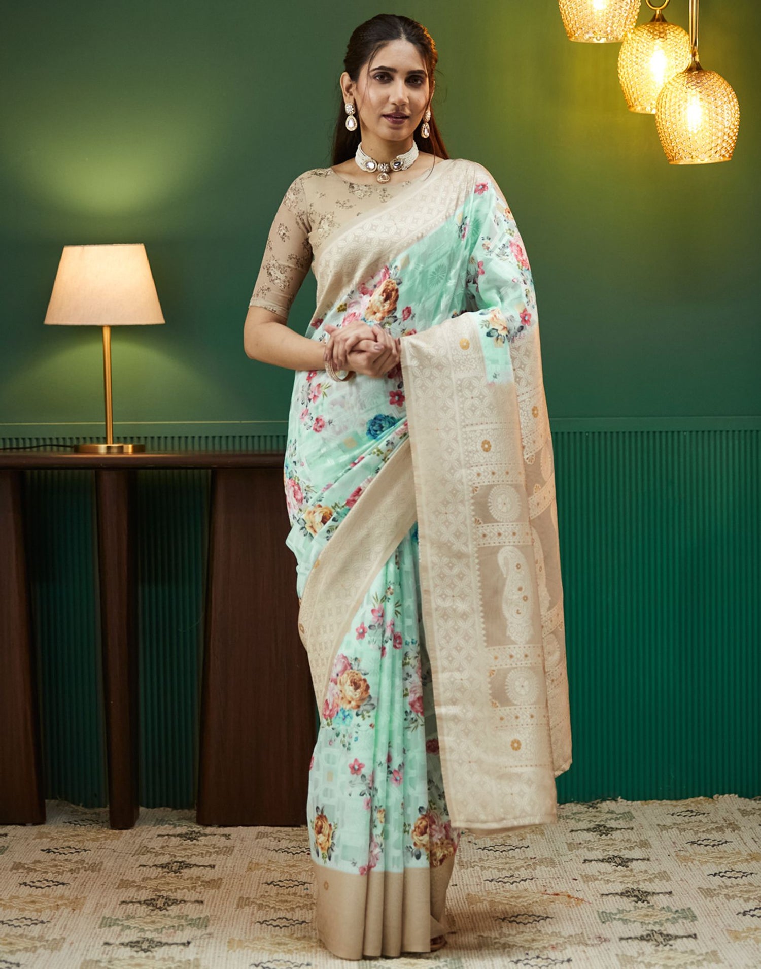 Beige Floral Printed Silk Saree