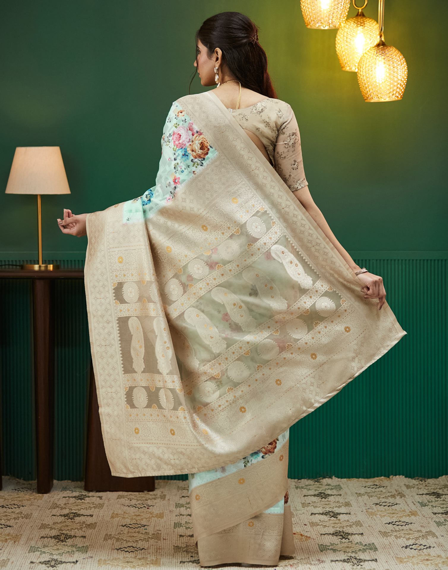 Beige Floral Printed Silk Saree